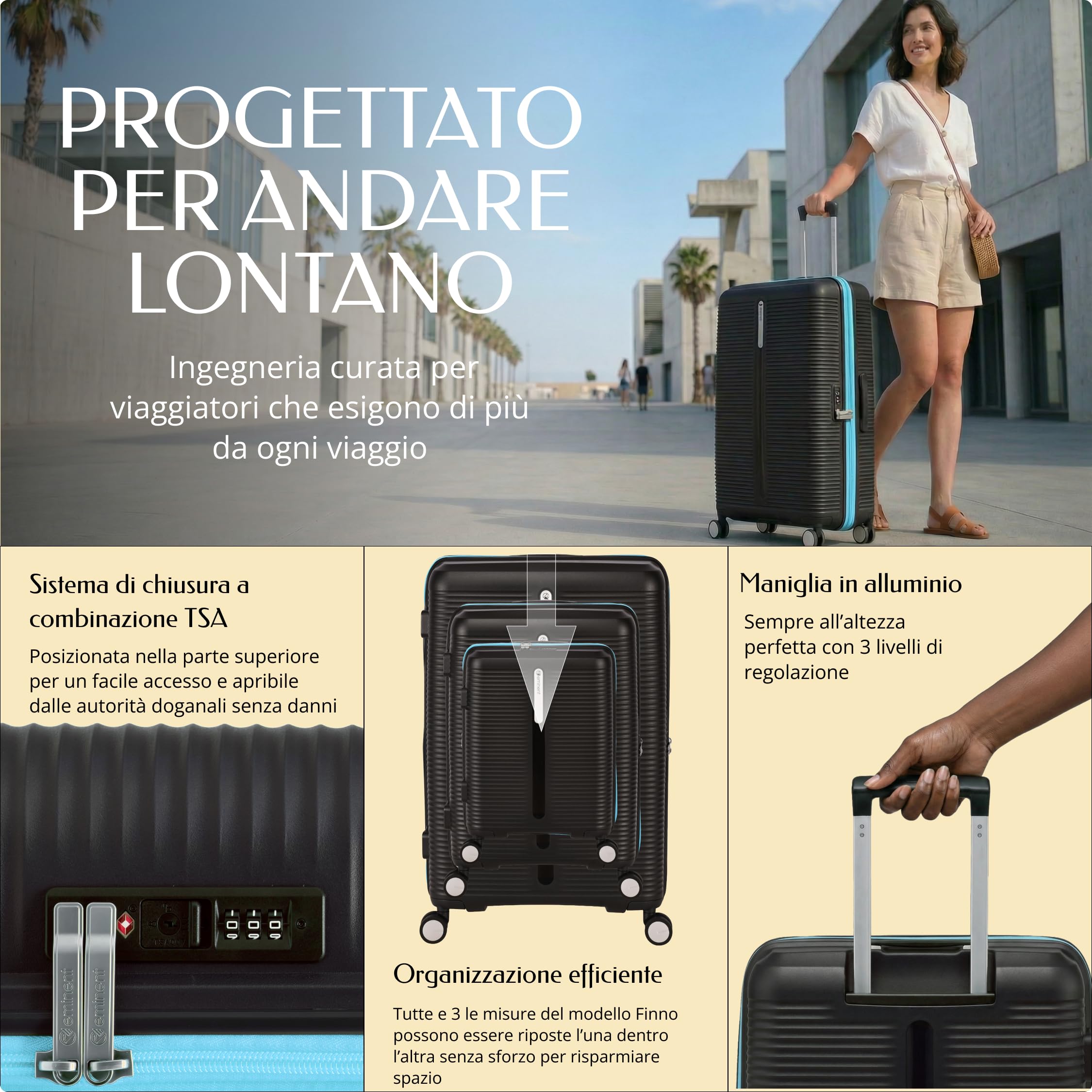 Eminent Finno Valigia Grande 23 kg da Stiva, Trolley XL 158 cm Leggero | Valigia grande XXL rigida, 3,9 kg, 110L, 158 cm per 23 kg da stiva, espandibile 77x51x30/34, polipropilene, Nero