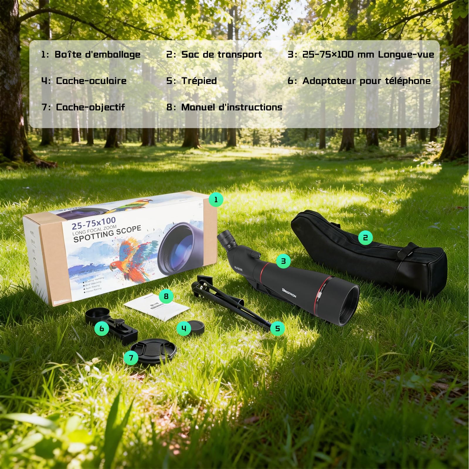Longue Vue Monoculaire 25-75x100 mm HD, Prisme PORRO FMC - avec Adaptateur Smartphone, Trépied et Sac de Transport - Idéal pour Observation des Oiseaux, Tir à la Cible, Randonnée et Astronomie