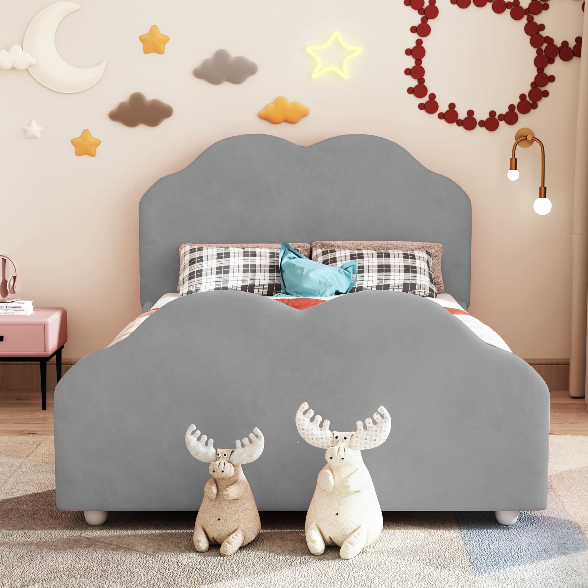 Kinderbed 90x200cm in fluweel - met verstelbaar hoofdeinde en lattenbodem - Roze