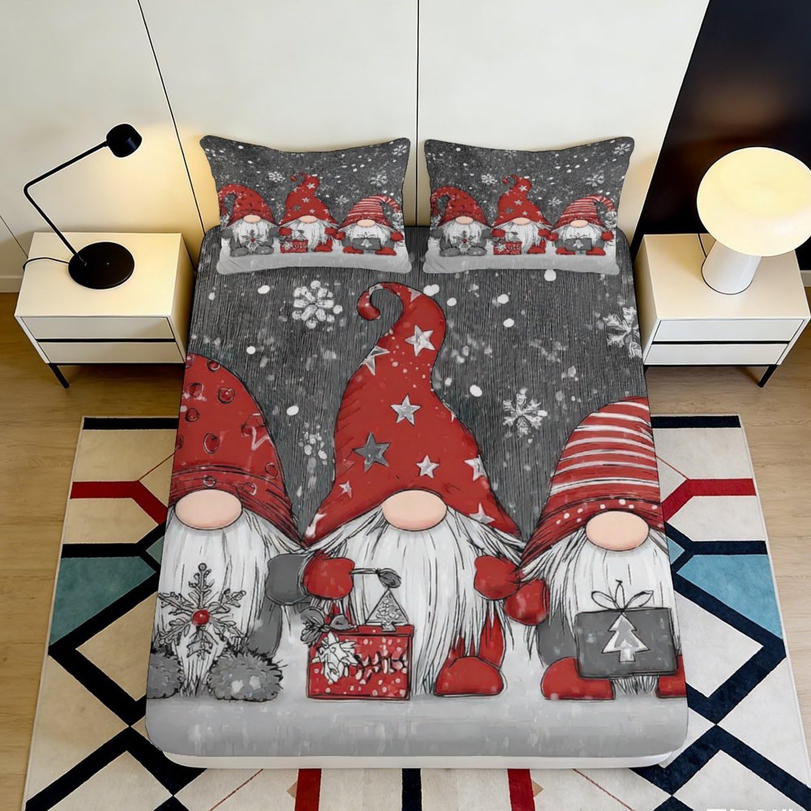 3D Printed Christmas Gnome Fitted Sheet Microfiber Soft Red Grey Snowflake Bed Cover for Bedroom Guest Room Dorm Mattress Protection Decor 180x200x25cm