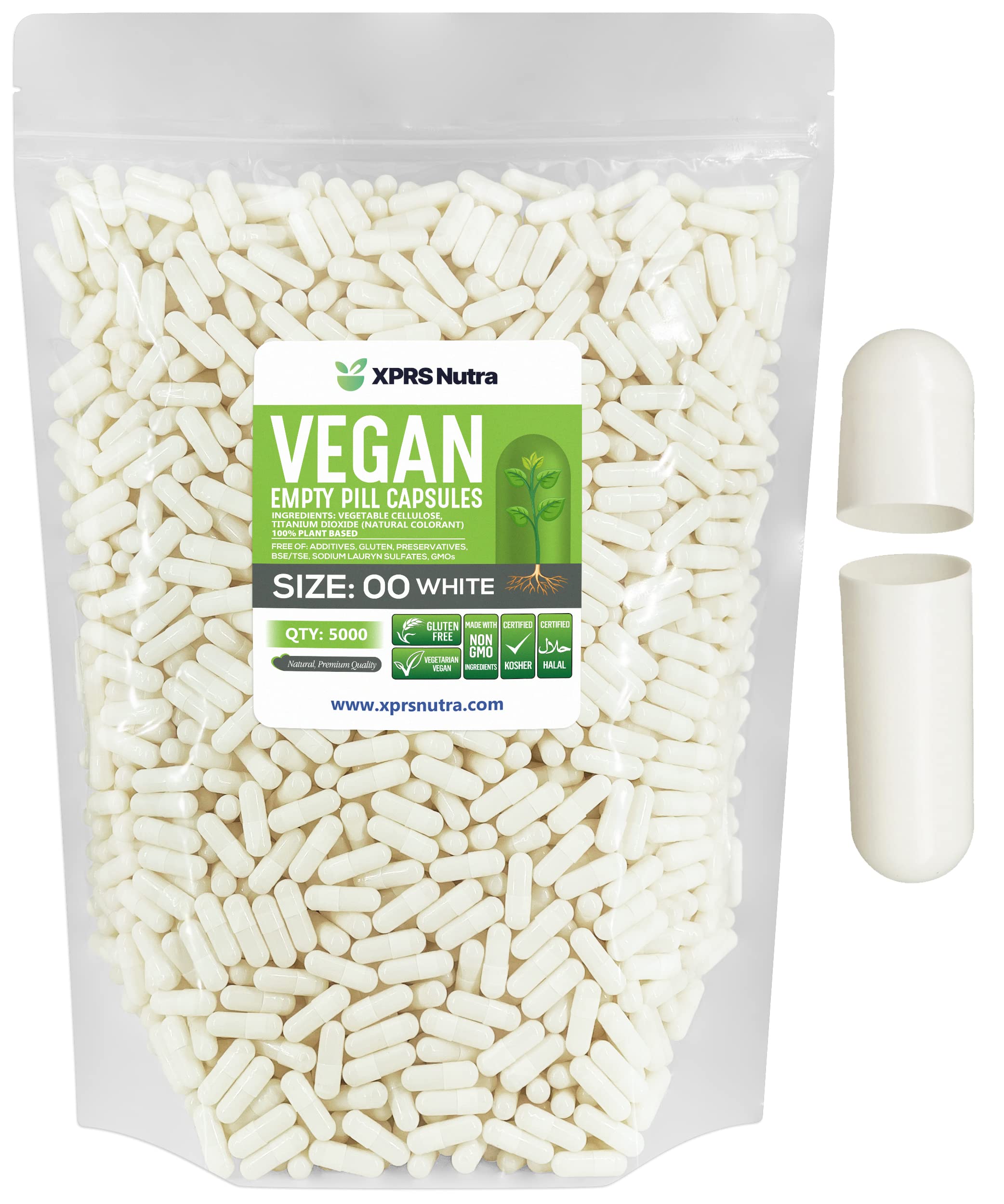 XPRS Nutra Size 00 Empty Capsules - 5000 Count Empty Vegan Capsules - Vegetarian Empty Pills - DIY Vegetable Capsule Filling- Veggie Pill Caps (White)