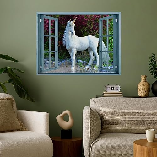 wall26 Adhesivo de pared removiblemural de pared, vista de ventana, magia mística, unicornio, animales del bosque, fotografía de naturaleza,