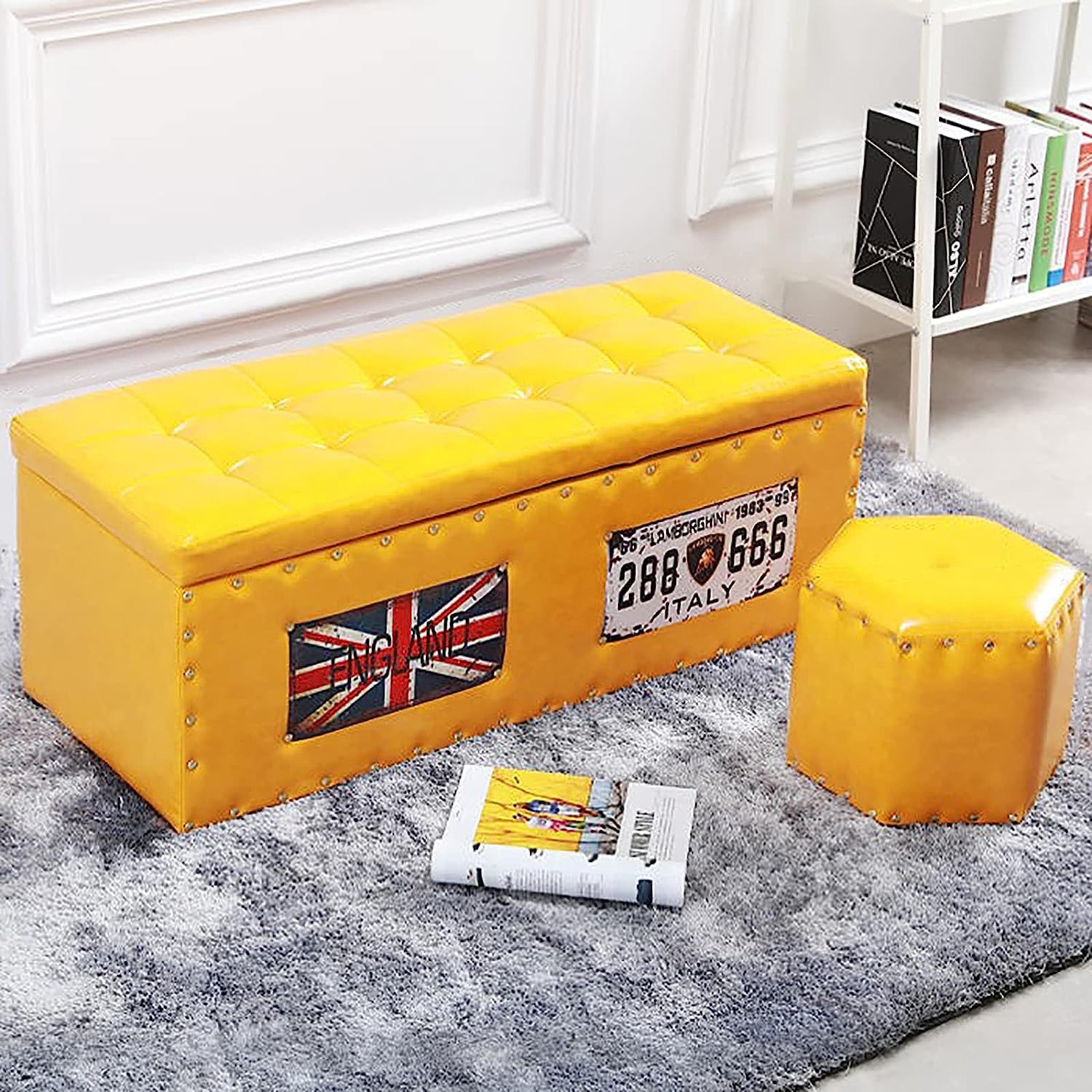 Banc de rangement en similicuir coffre rembourré jaune avec petit repose-pieds 31x16 po