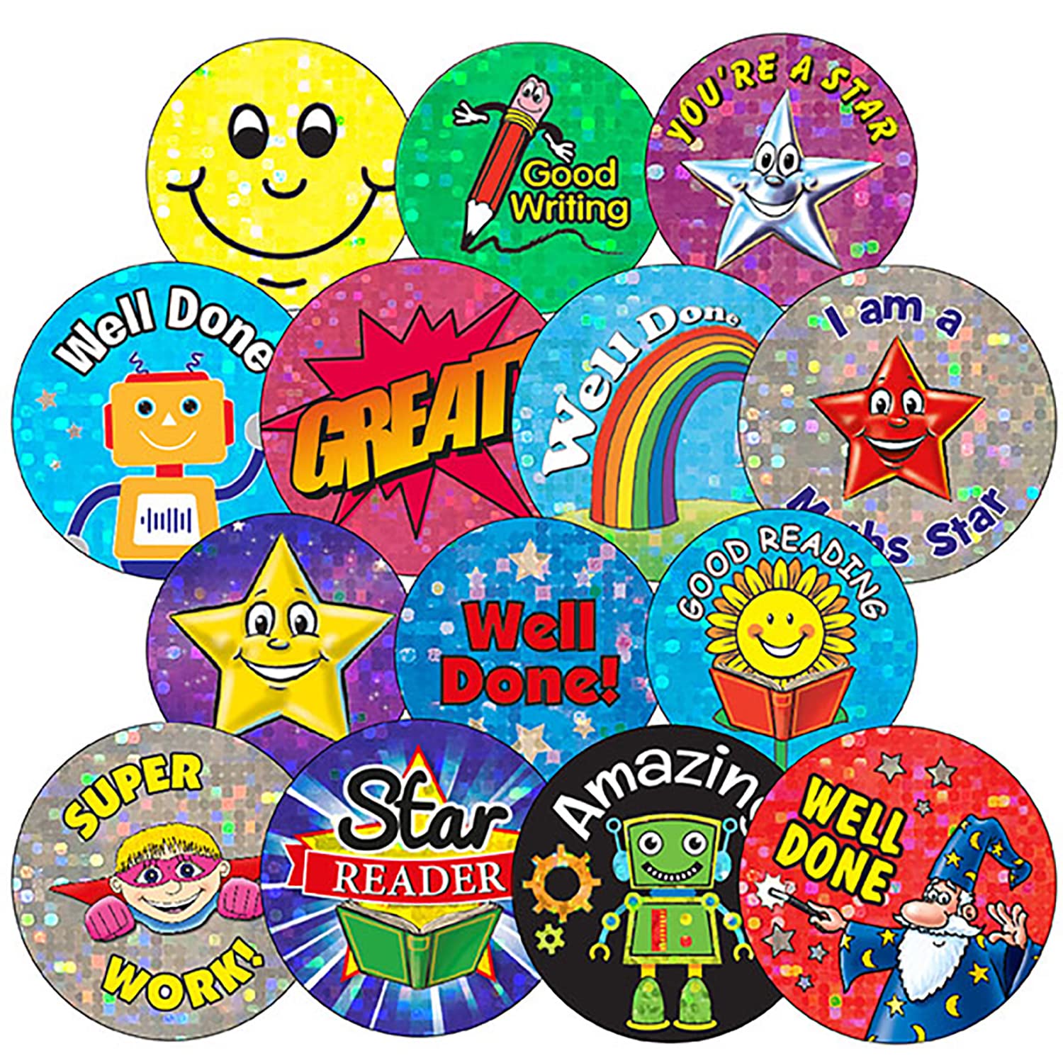 Primary Teaching Services Ltd Multicoloured 90 Mixed Sparkly Stickers In Various Sizes Holographic Childrens Pupils School Praise Teachers Reward Motivational Primary Teaching Services