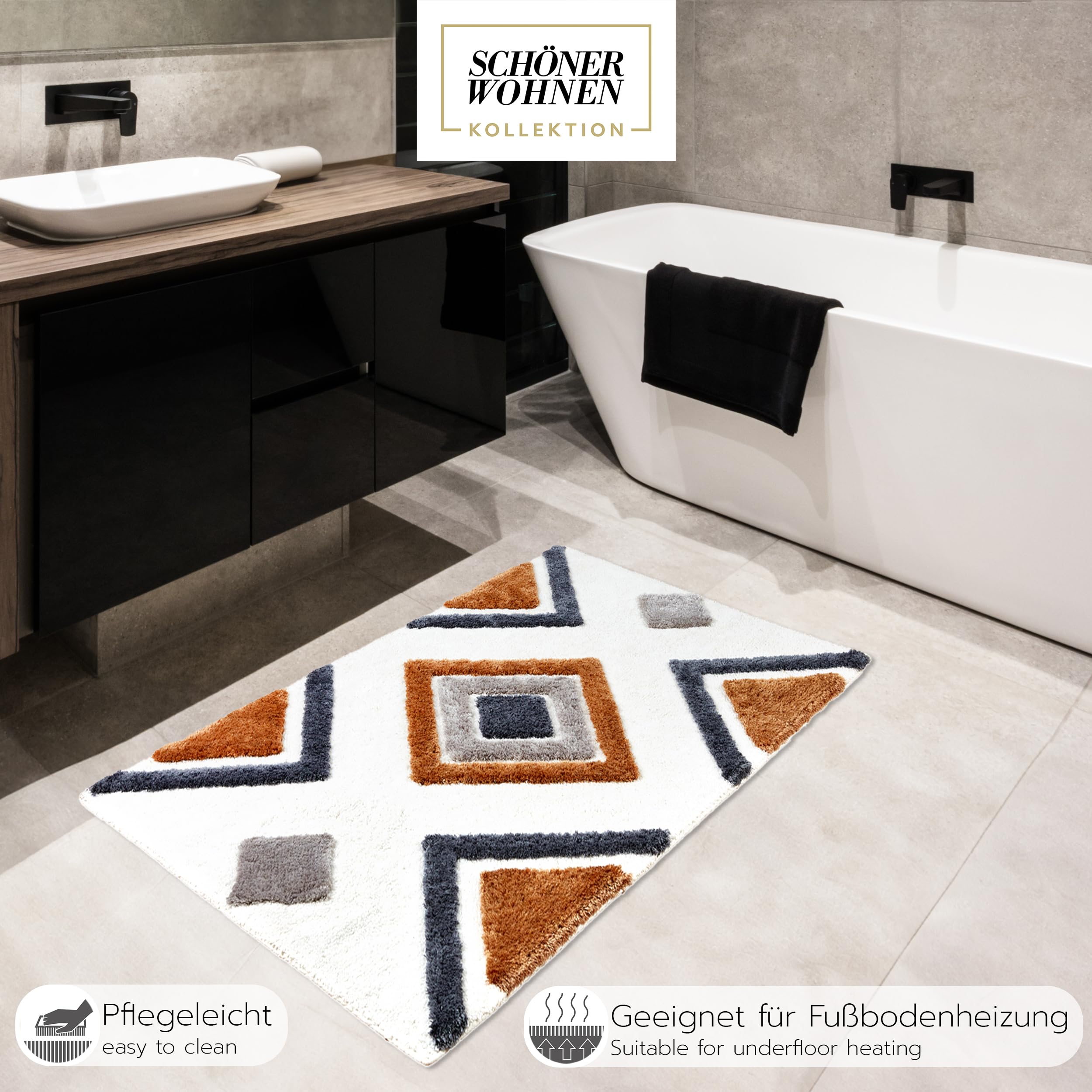 Schöner Wohnen Kollektion Alfombra de baño Blanca Ethno 60x90 cm - Alfombra de baño Antideslizante - Alfombra de baño Lavable y secable en Secadora - Alfombra de Ducha Cuarto de baño | Alfombrilla de baño suave blanca con diseño de alfombra de baño grande