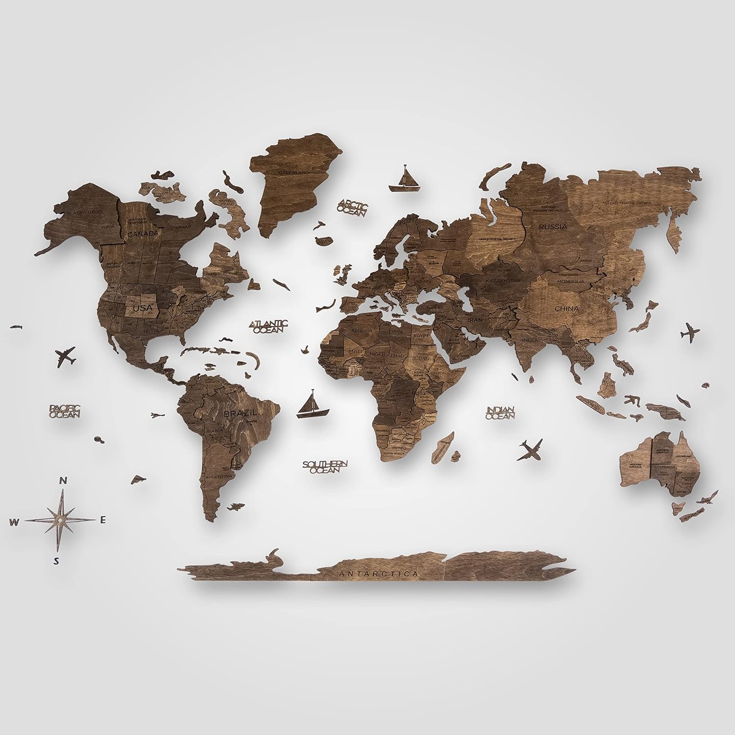 3D Wooden World Map House Decor Living Room 3D Home Wall Art Office Decoration Wood Wall Decor World Map 3D Art Large Travel Gift Office Bedroom (Medium, Walnut)