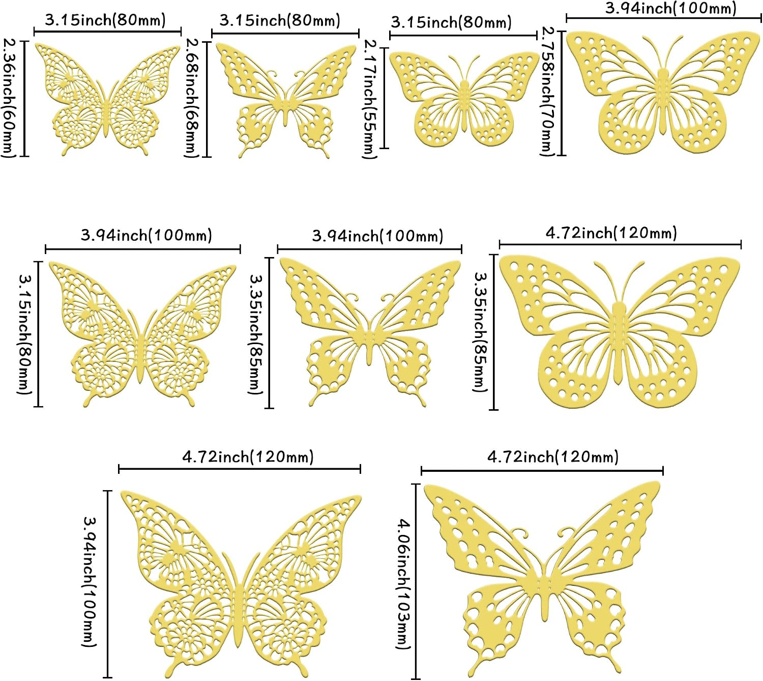 Gyufise 36 Pack Gold Glitter 3D Butterfly Cupcake Toppers Hollow Butterfly Cake Decorations for Birthday Wedding Fairy Party Wall Sticker Decal for Background Wall Decoration