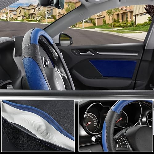 Miniatura 10 de SEG Direct Funda universal para volante de automóvil, de 15 pulgadas, piel de microfibra, color blanco y gris Negro y gris