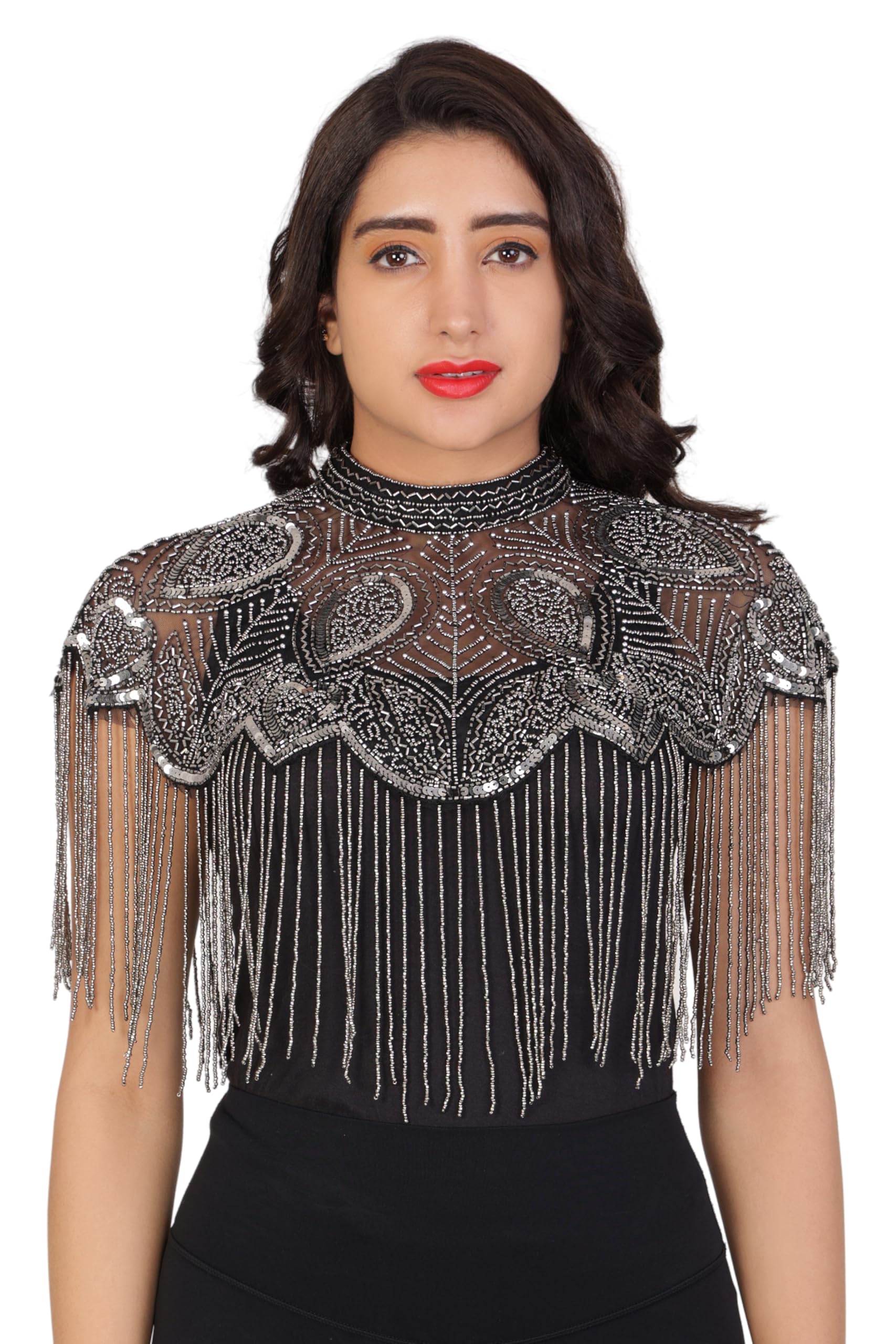 Women's Net New Stylist Hand Bead Embroidery Designer Short Cape Regular Poncho And Shrug-image-41