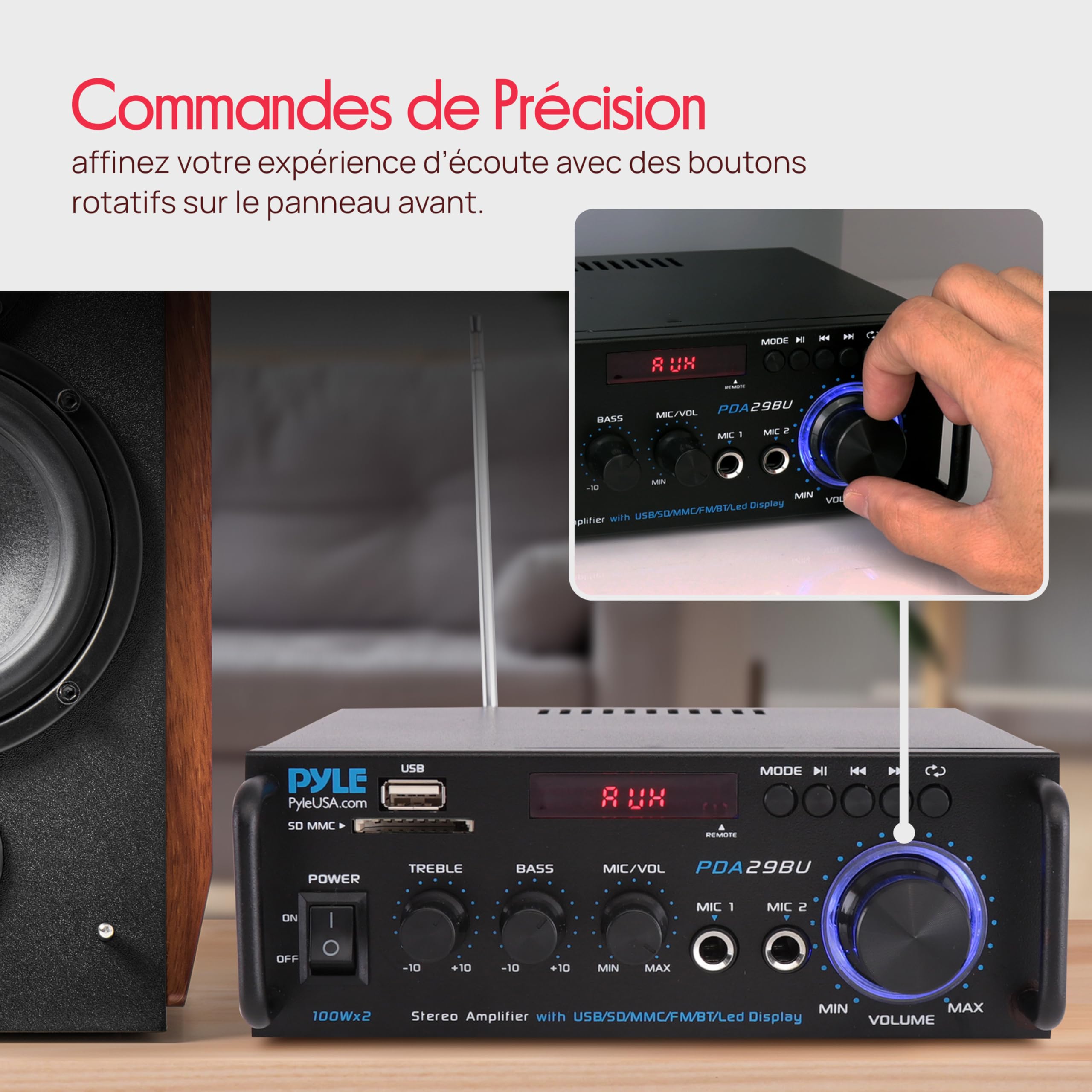 Pyle Amplificateur Audio Stéréo sans Fil Bluetooth - Système Récepteur Stéréo Audio à Deux Canaux de 200W avec RCA, USB, SD, Entrée Micro, Radio FM, pour Home Cinema Via RCA, Utilisation en Studio