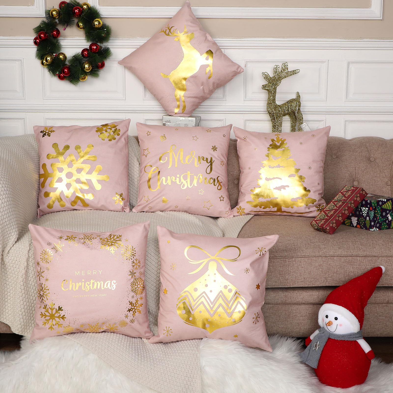 Tatuo 6 Piezas de Fundas de Almohada de Navidad Decorativas Cubiertas de Cojines Navideñas Festivales para Sofá Hogar Oficina Dormitorio Decoración Adorno, 45 x 45 cm (Rosado, Oro)