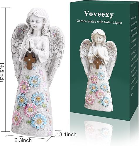 Miniatura 2 de Voveexy Figura de jardín de ángel estatua de jardín al aire libre escultura solar de jardín con 7 luces LED letrero de bienvenida de resina arte de