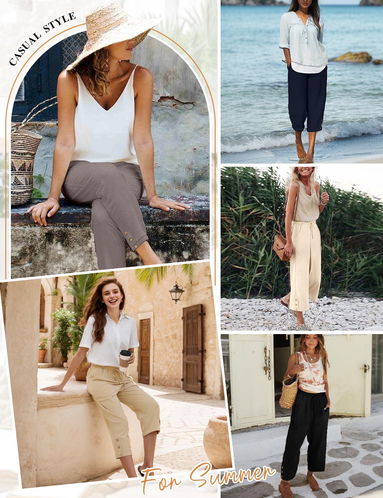 Voqeen Pantalon Femme Été Léger 3/4 Pantacourt Fluide Elastique avec Poches Coton Vêtement Chic Elegant Décontractée Pants de Plage