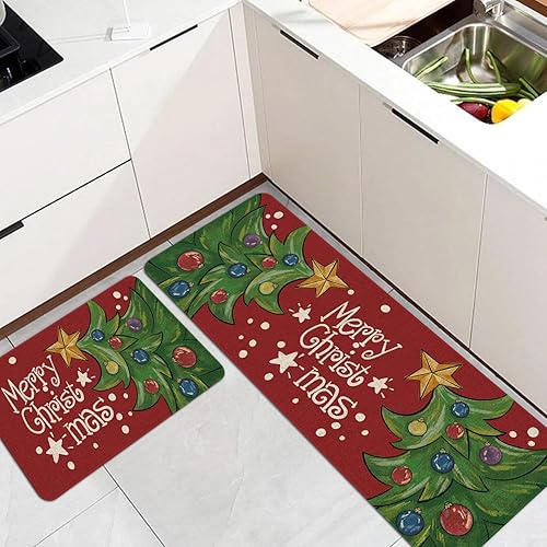 Miniatura 4 de Mloabuc Juego de 2 tapetes de cocina con texto en inglés "Merry Christmas", antifatiga, impermeables, resistentes a las manchas, color azul,