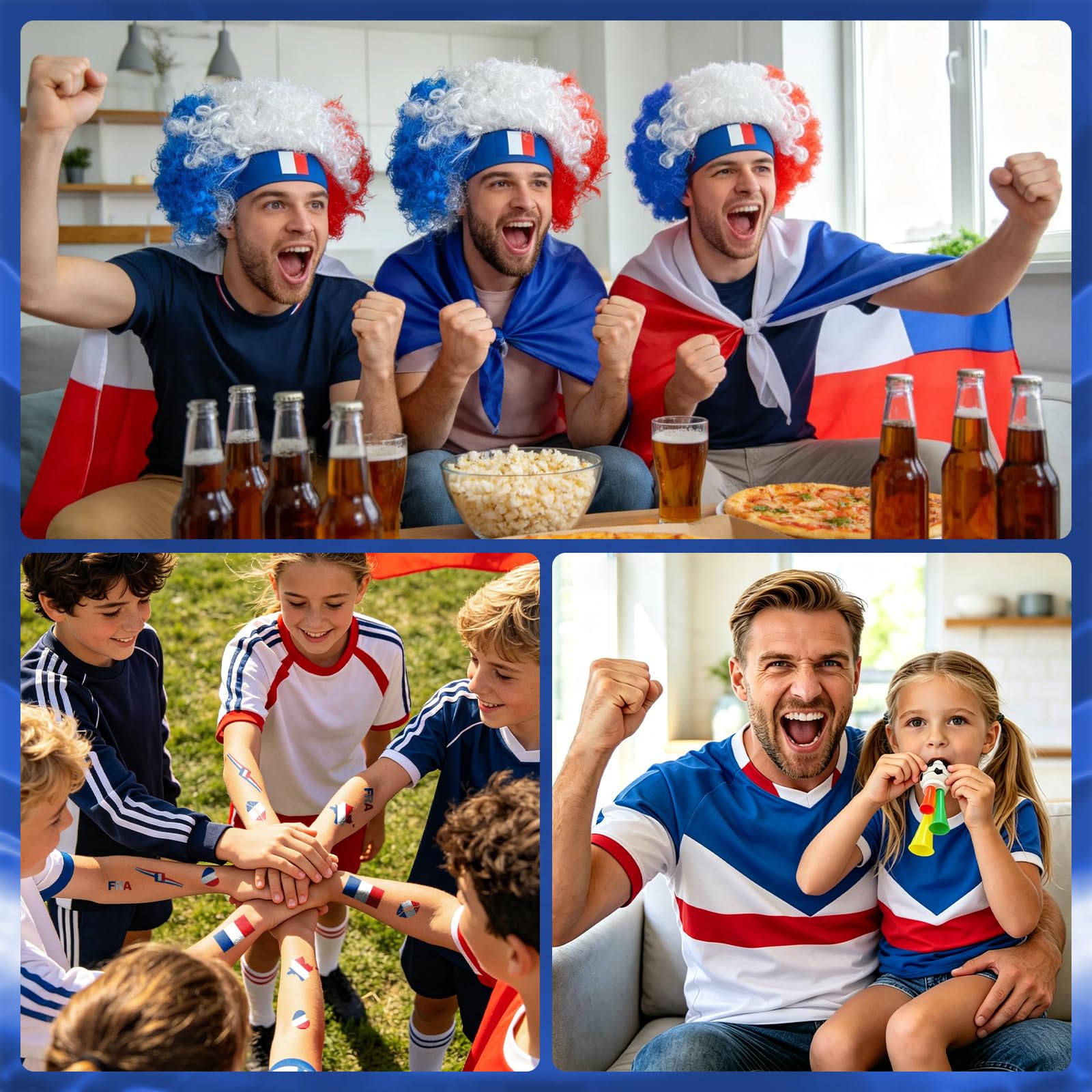 2026 Soccer Fan Gear Set – France Flag Clown Wig, Temporary Tattoos & Loud Horn – Cheer Accessories for International Football Matches, Stadium Parties & Global Tournament Celebrations — view 4