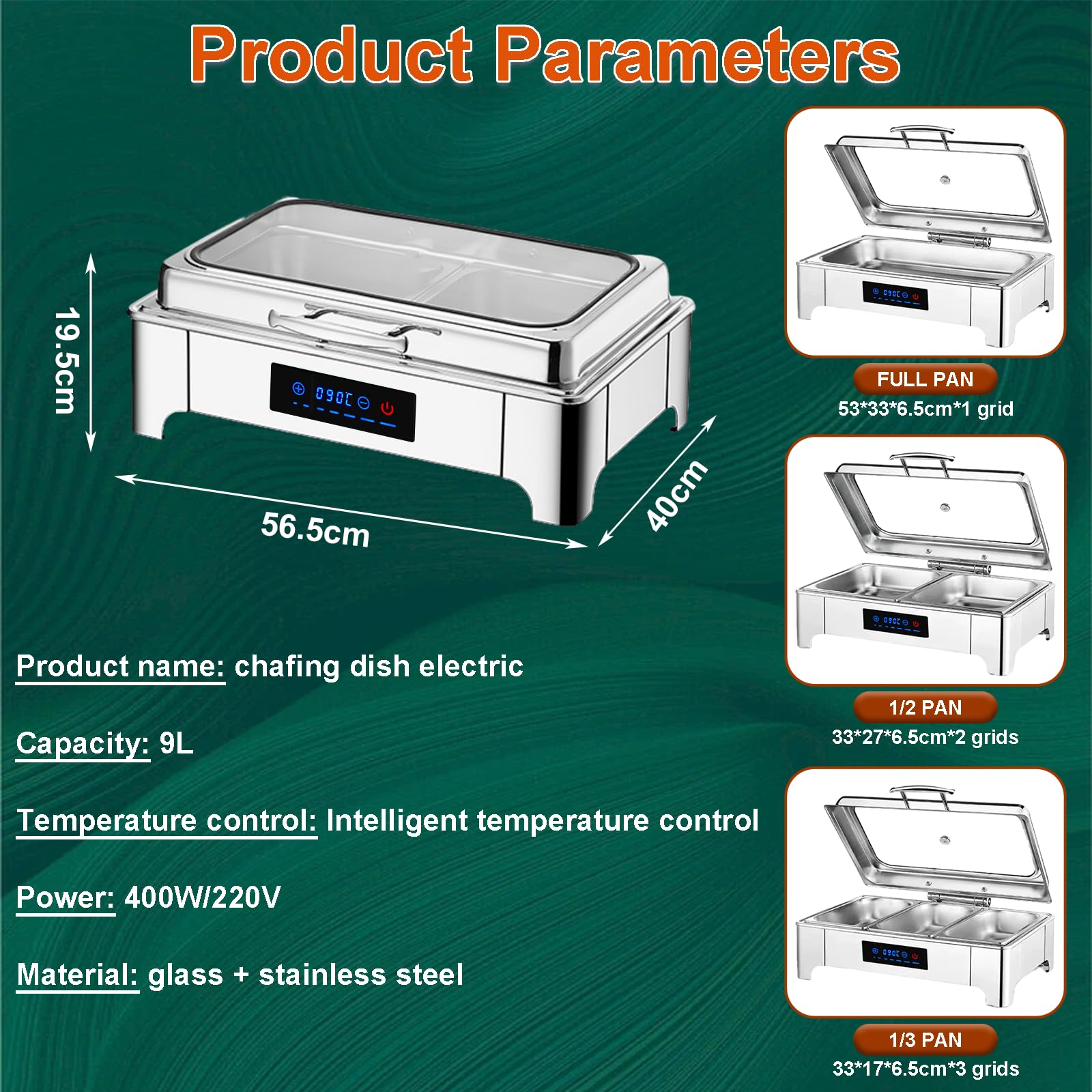 Chafing Dish Elettrico 9L, 35-85 ℃ Temperatura Regolabile(B,1/3 Pan) | 400W Professionale Scaldavivande Elettrico per Buffet, Acciaio Inox Contenitore Scalda Cibo per Hotel, Buffet, Ristoranti