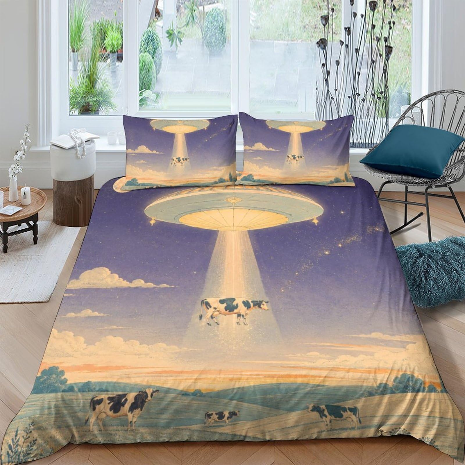 H3b8u2y5 Style-3 Ufo Cattle Moonlit Pasture Duvet Cover Set 3 Piece Set, Surreal Sci Fi Art