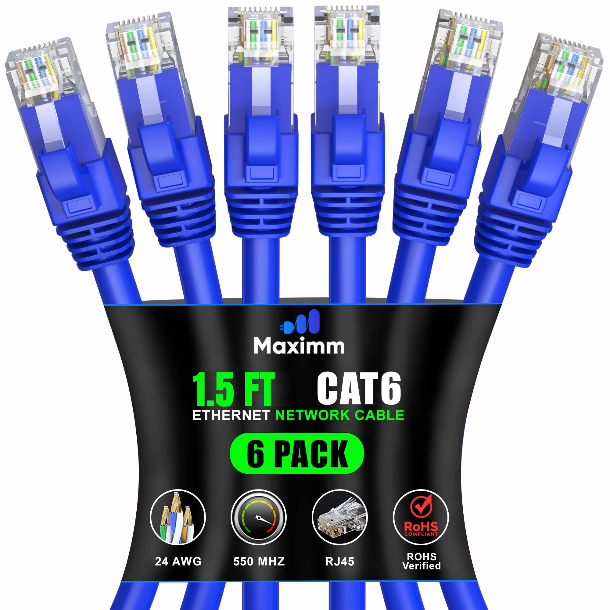 Maximm Cat 6 Ethernet Cable 1.5 ft (6-Pack) - High-Speed LAN Cable, Internet Cable, Patch Cable, and Network Cable - UTP, 10Gbps, 550MHz Ethernet Cord