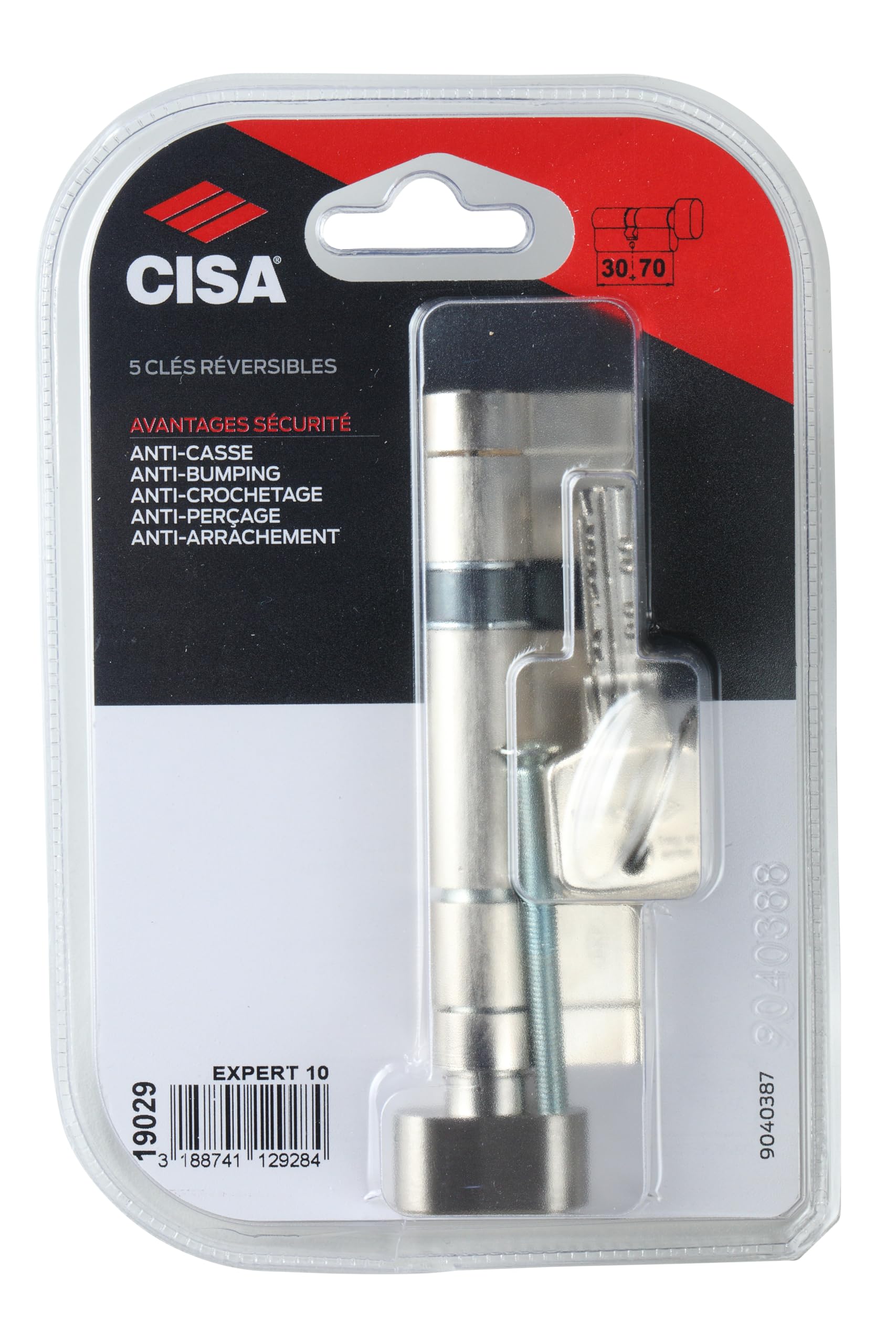 Cylindre de serrure CISA Expert 10 à bouton L.30 + 70mm 5 clés