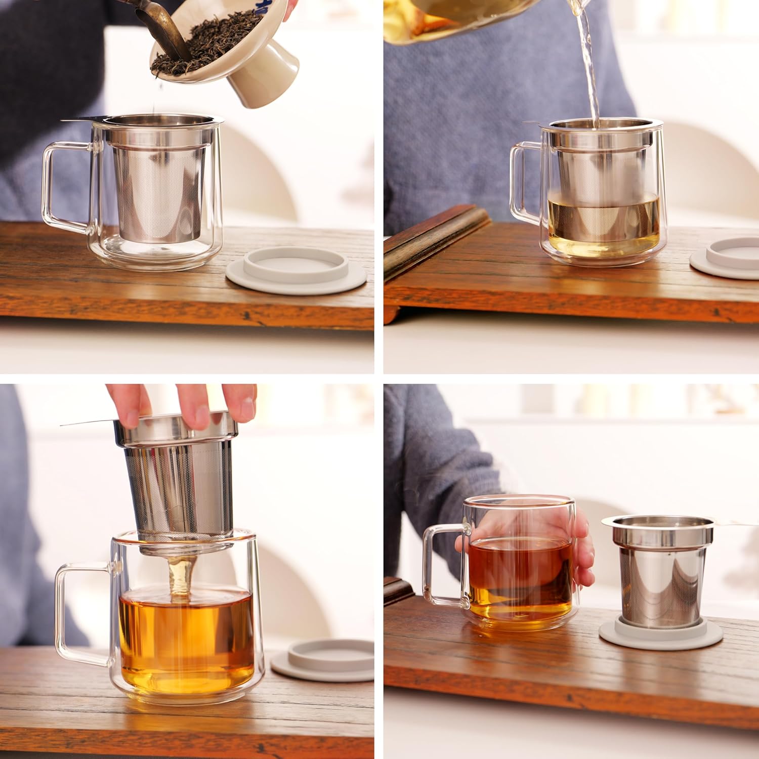 CNGLASS 12oz Double Walled Glass Tea Cup with Stainless Steel Infuser and Lid,Borosilicate Glass Tea Infuser Mug for Loose Tea,Teabag,Set of 1 - Image 5