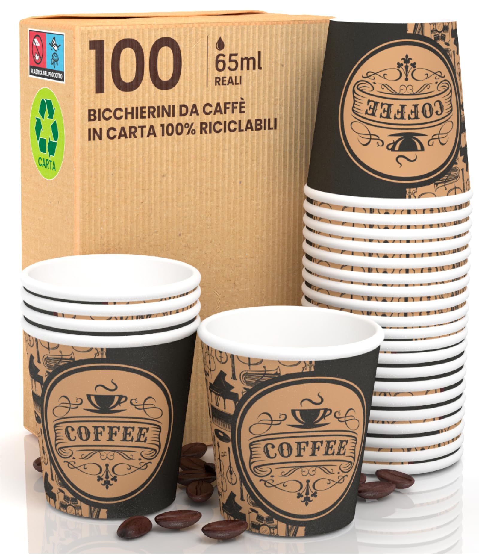 100 Stück Papierbecher 65 Ml – Biologisch Abbaubar, Für Kaffee & Heiße Getränke, Ø50x50 Mm