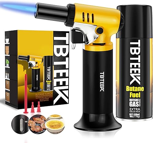 Vista 40 de TBTeek - Soplete de butano con medidor de combustible T907, operación con una sola mano, llama ajustable para BBQ, repostería, creme brulee