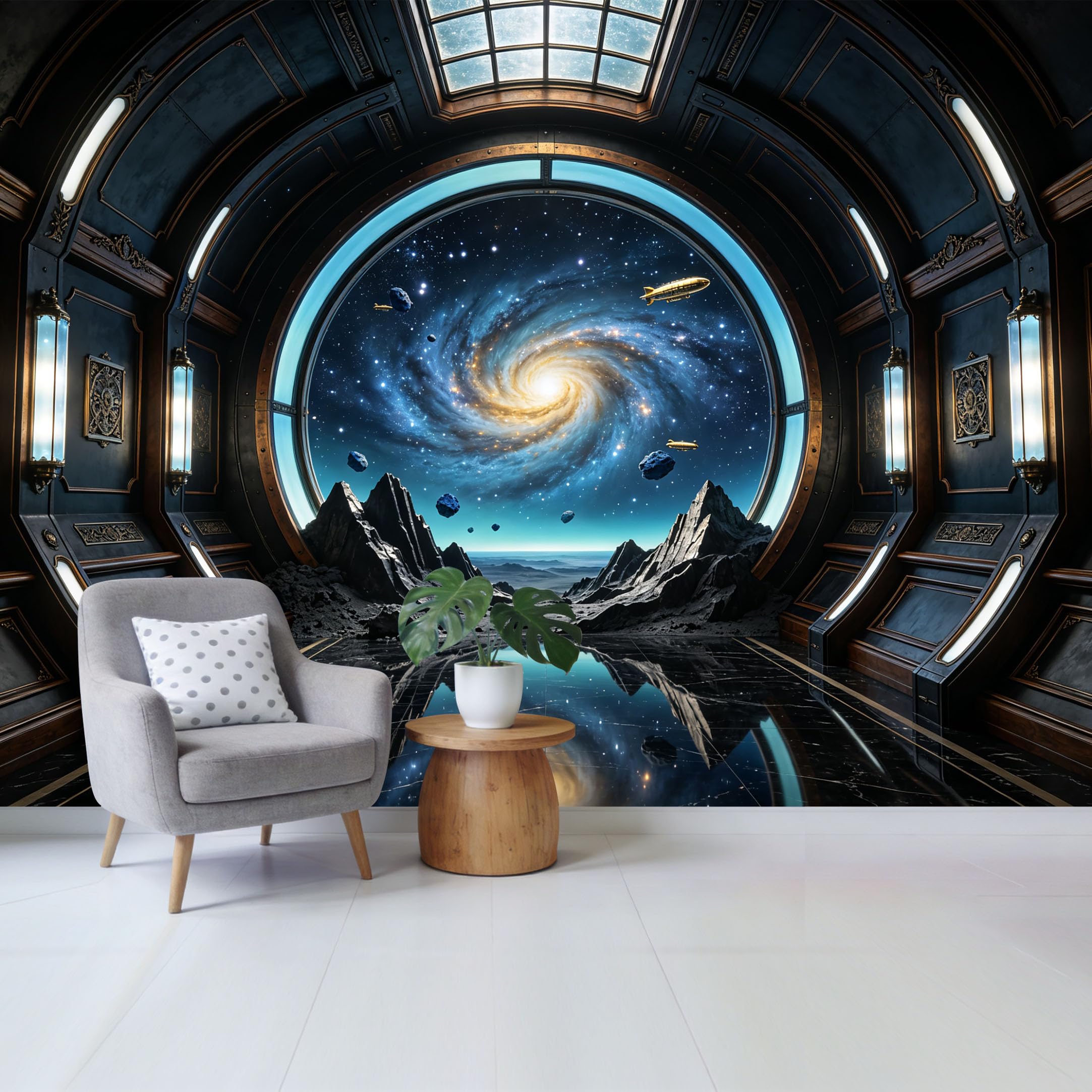 Custom Size Wall Mural， 3D Space Galaxy Portal Starry Sky Mountain Asteroid Removable Self Adhesive Fabric，Home Wall Decor for Living Room Bedroom Bathroom