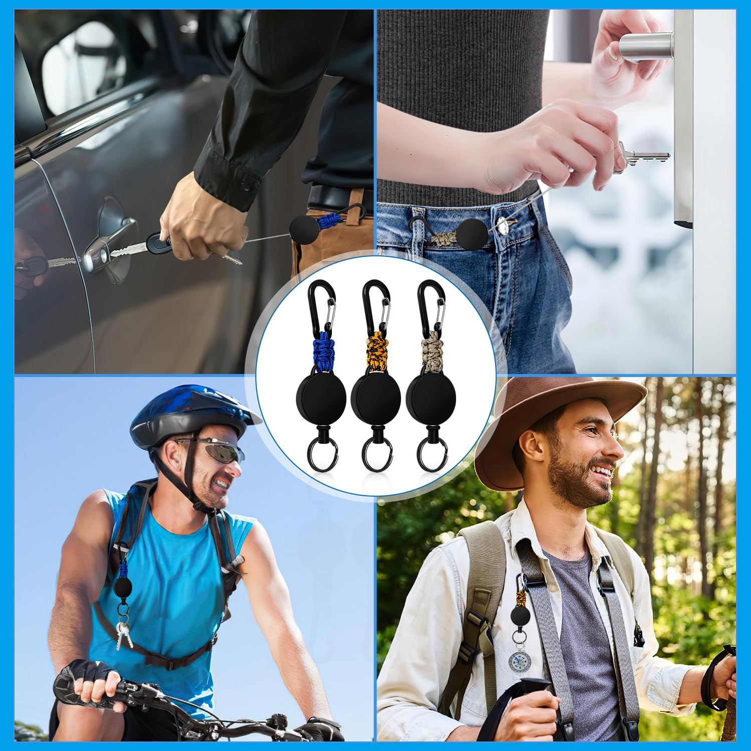 Retractable Keychain 3 Pack Heavy Duty Carabiner Badge Holder Extendable Reel ID Badge Holders Retractable for Keys Ring with 60 cm Steel Cord and Lanyard (): Blue+beige+mixed Orange