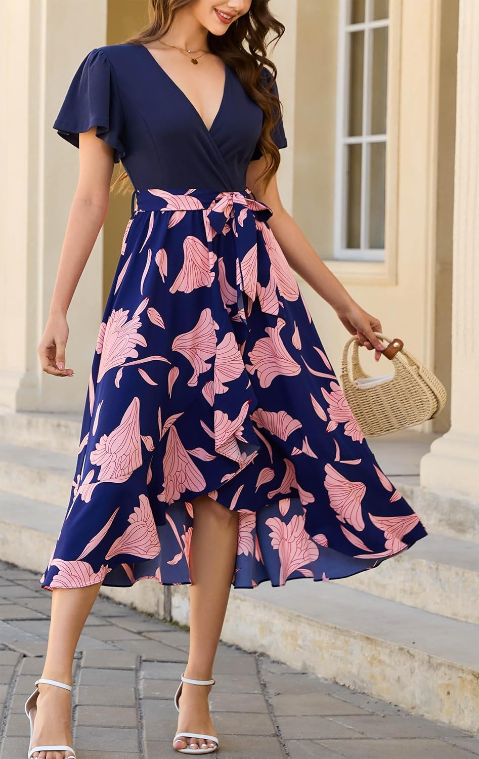 Kormei Women's Summer V Neck Short Sleeve Casual Boho Floral High Low Flowy Party Beach Long Maxi Dress - Image 4