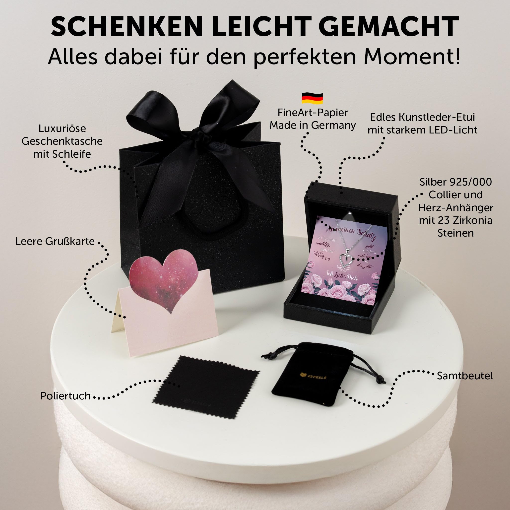 An Meinen Schatz Ich Liebe Dich Geschenk Set Frauen Schmuck Hochzeitstag Ehefrau Freundin Jahrestag - Silber 925/000 Herz Halskette Leder Licht Etui - Valentinstag Karte (mit Tasche u.m.)
