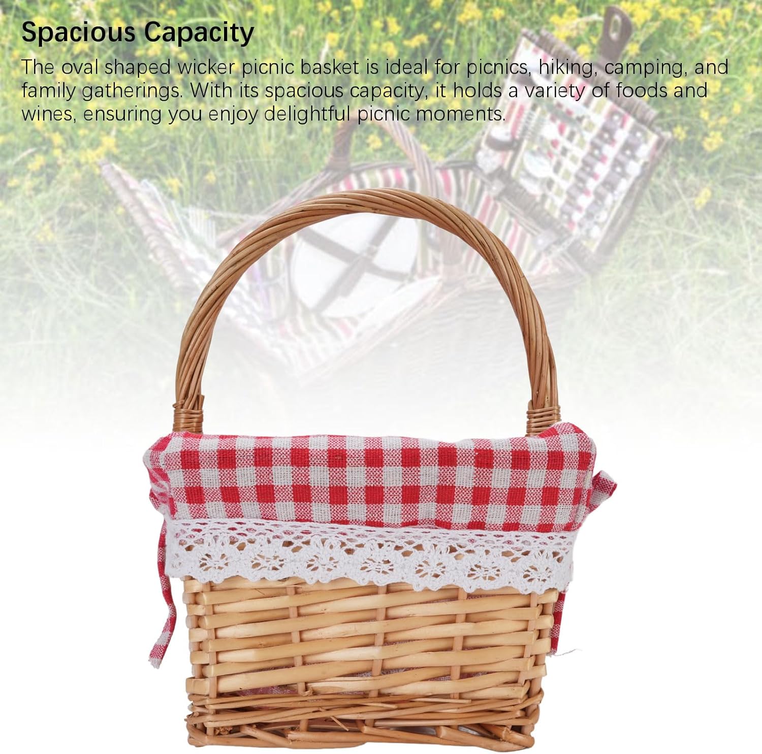 Wicker Picnic Basket, Vintage Hand Woven Basket, Willows Basket with Detachable Lining for Picnics, Camping, Veg Picking (Red Plaid)