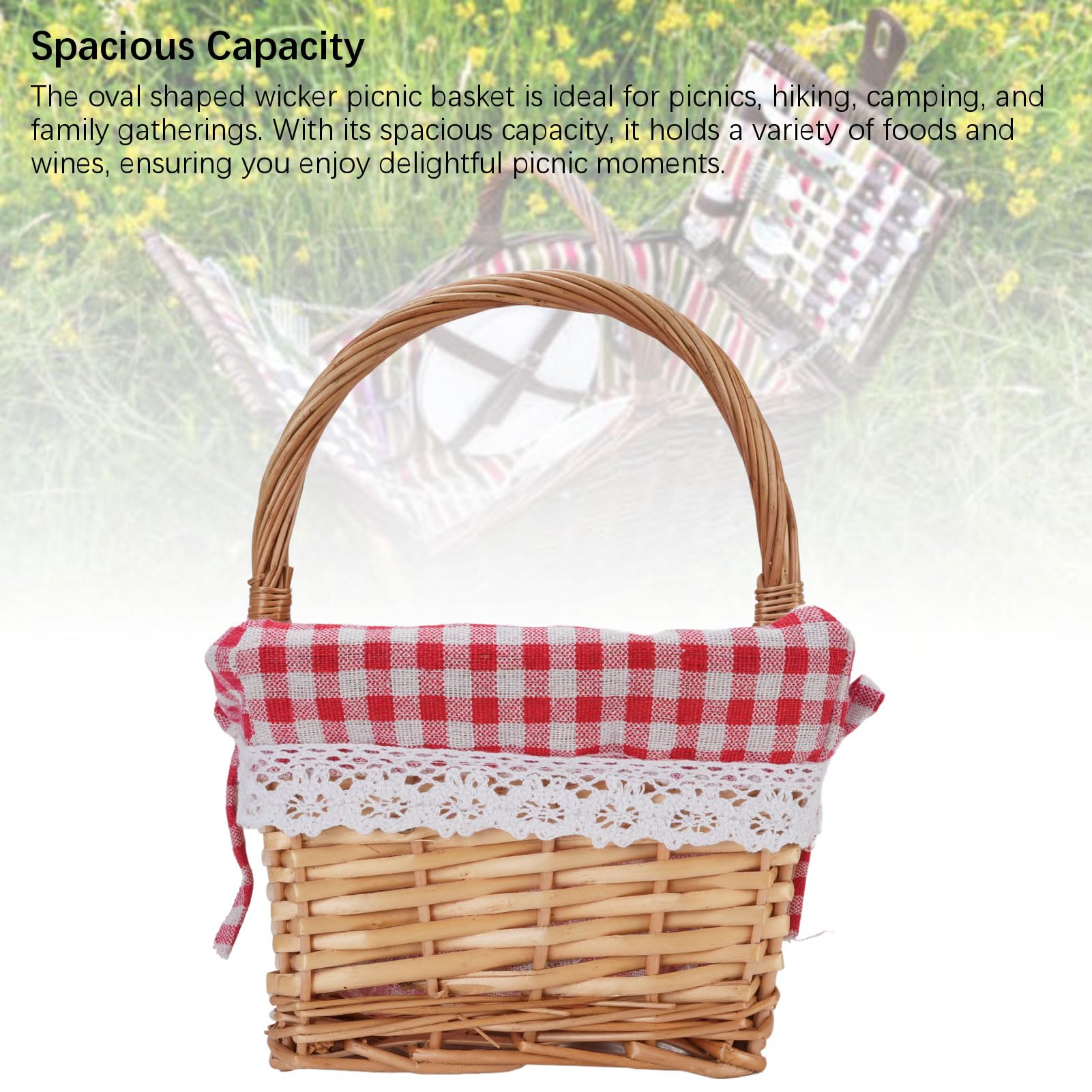Fockety Cesta de Mimbre, Cesta de Picnic Tejida con Forro Desmontable, Cesta de Mimbre Ovalada para Regalos, Cesta de Almacenamiento Grande para Camping, Al Aire Libre, Halloween, (Cuadros Rojos)