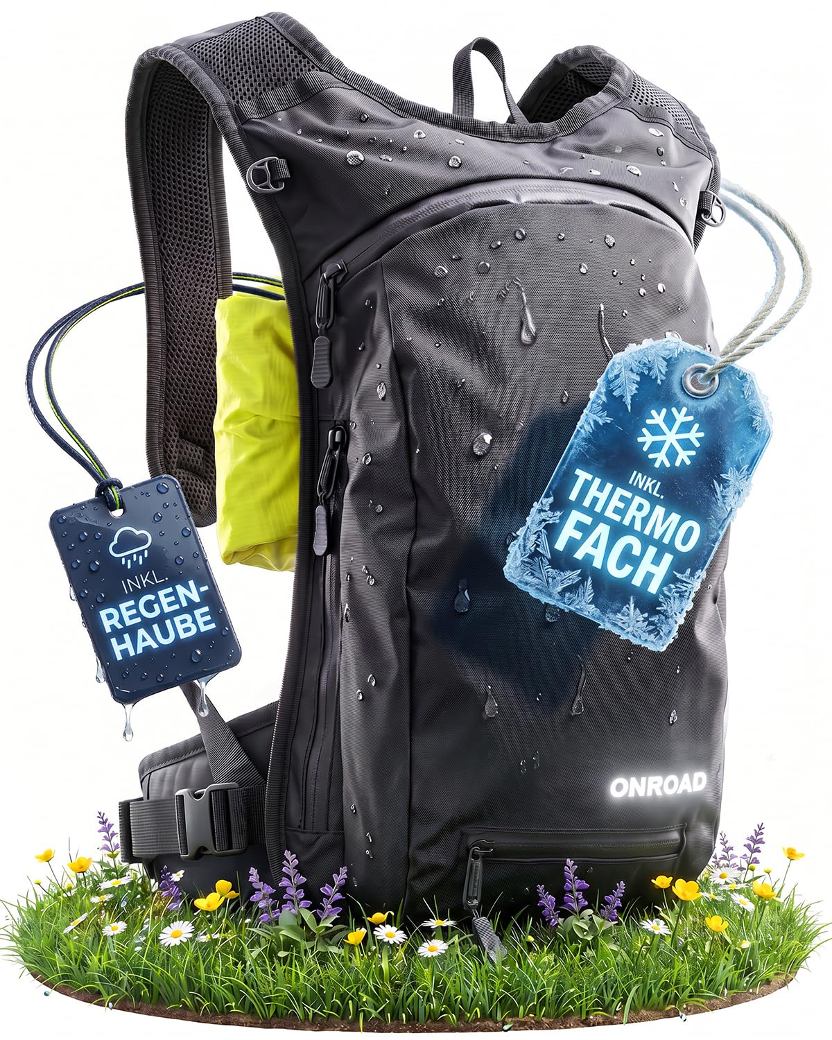 Fahrradrucksack 6L Herren & Damen ONPACK – Ultraleicht 350g – Kleiner Rucksack mit Thermofach & Helmnetz – Kleiner Fahrrad Rucksack für Männer & Damen inkl. Regenschutz, MTB Rucksack