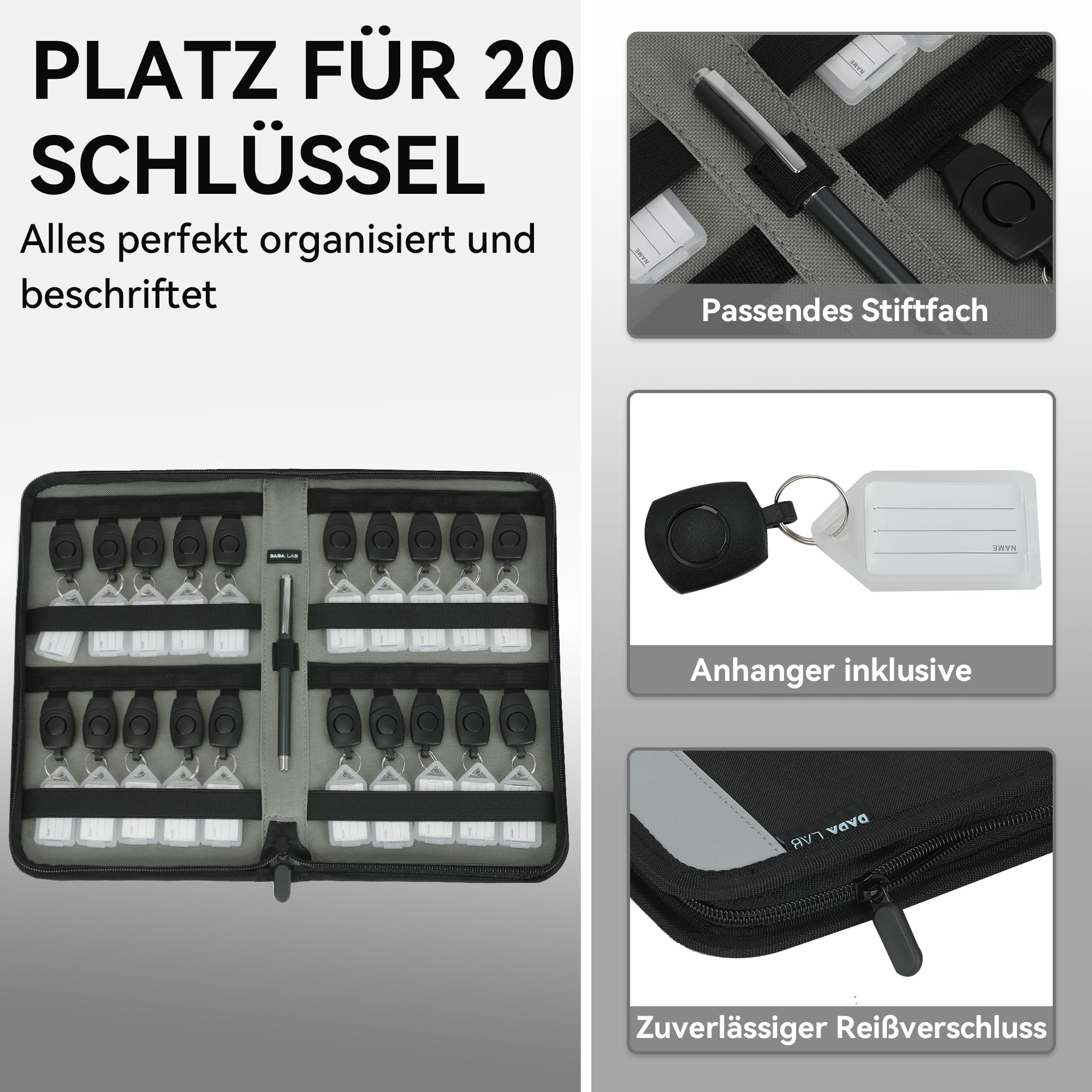 Schlüsselmappe für Gewerbe & Immobilienverwalter – Schlüssel Organizer mit Klickverschluss, Reflektionsstreifen & Außen-Kartenfach, Schwarz, 20 Schlüssel