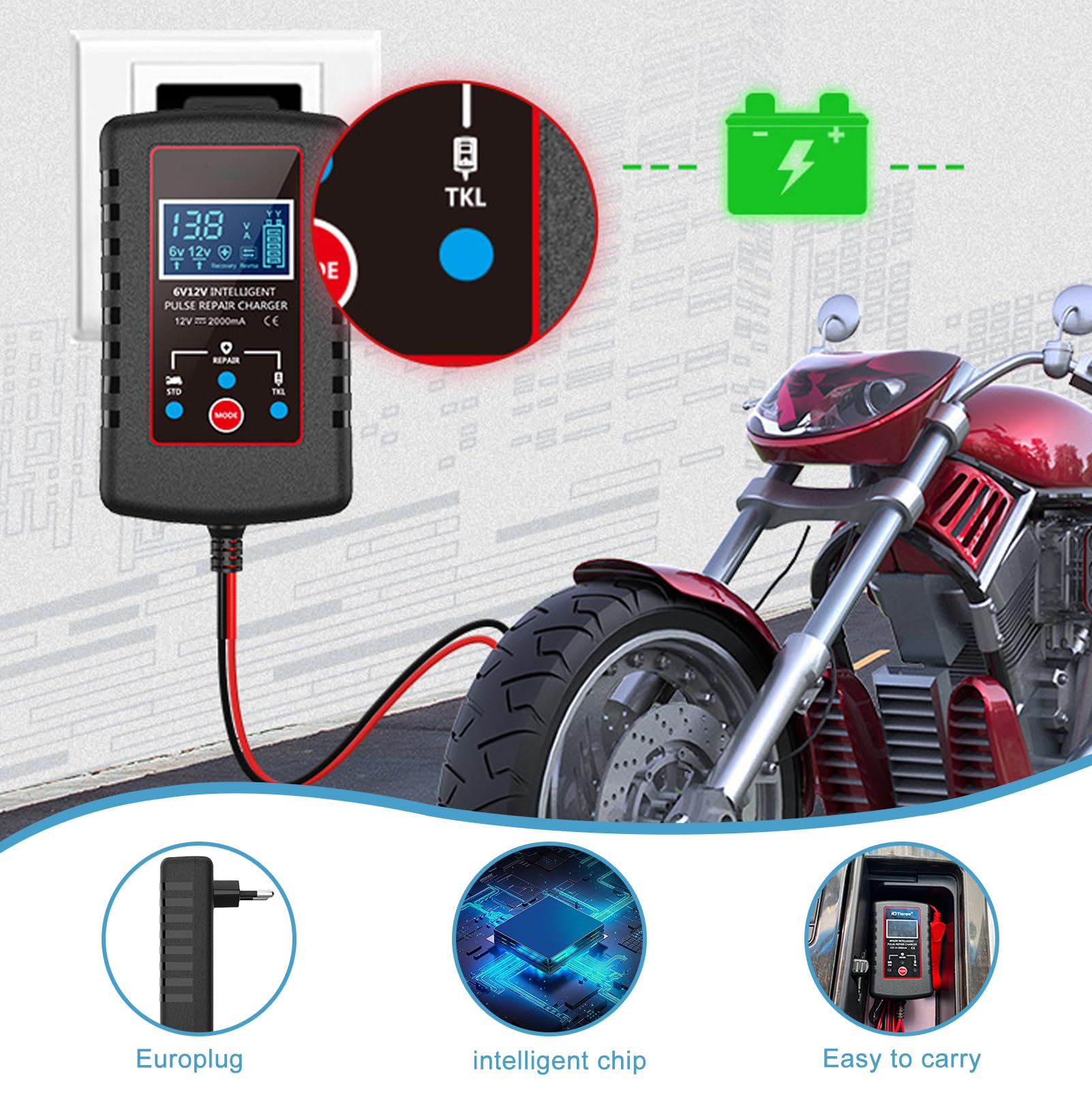 Chargeur Batterie Voiture WIYETY 6V/12V 2A | Intelligent LCD | Réparation Batterie | Pour Voiture, Moto, Bateau