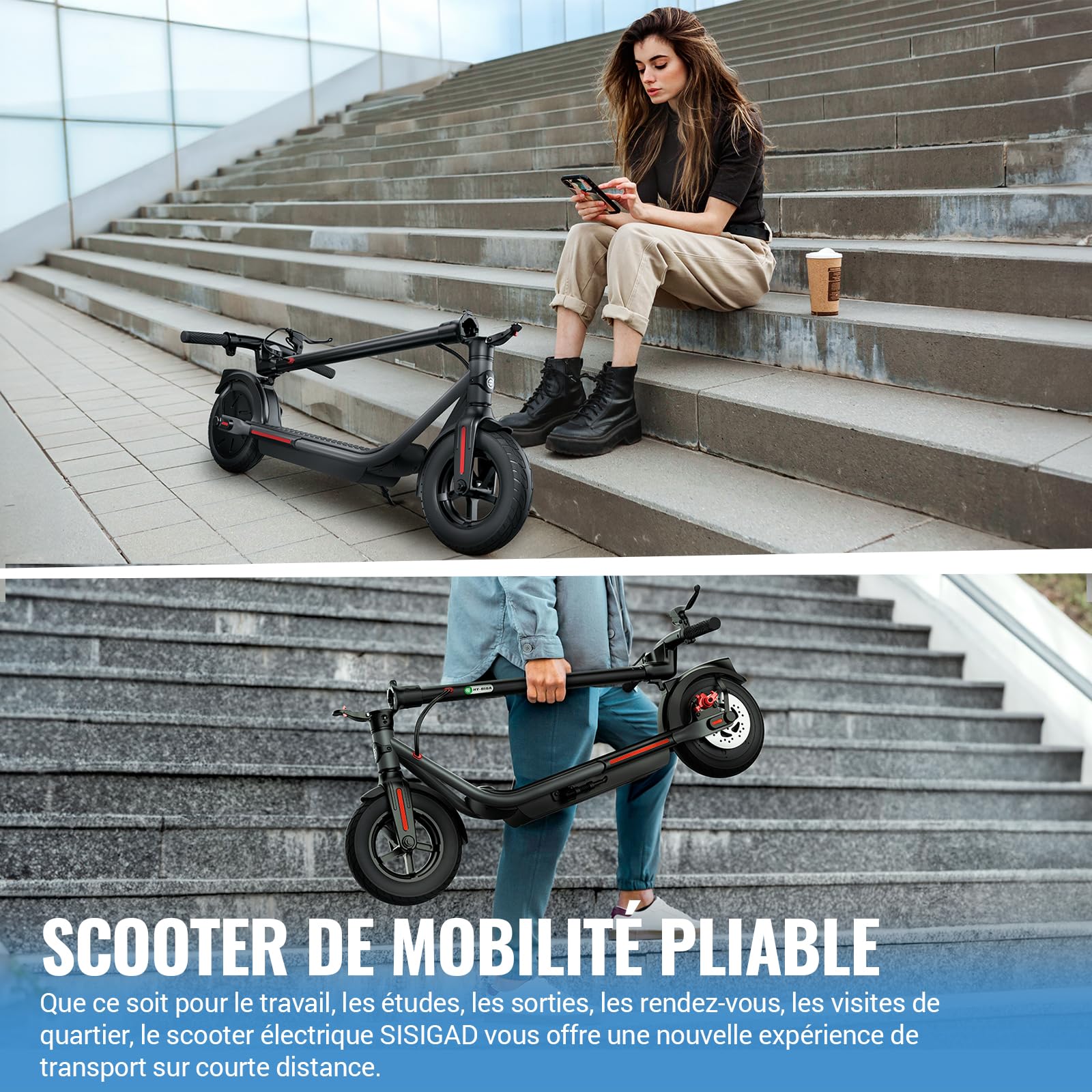SISIGAD Trottinette Électrique Adultes Pliable 10 Pouces, Puissance de crête 500W, 32 km/7.8Ah Or 48km/10.4AH Range, Scooter Électrique avec Écran LED, Application et Système de Freinage Double