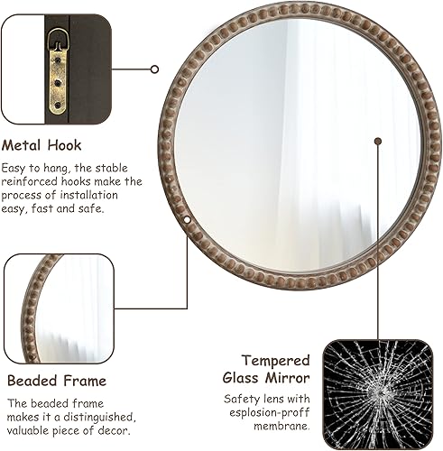 Miniatura 2 de LONYKE Espejo de pared estilo granja, espejo de acento con marco de madera envejecida, espejos colgantes vintage para dormitorio y baño (ovalado)
