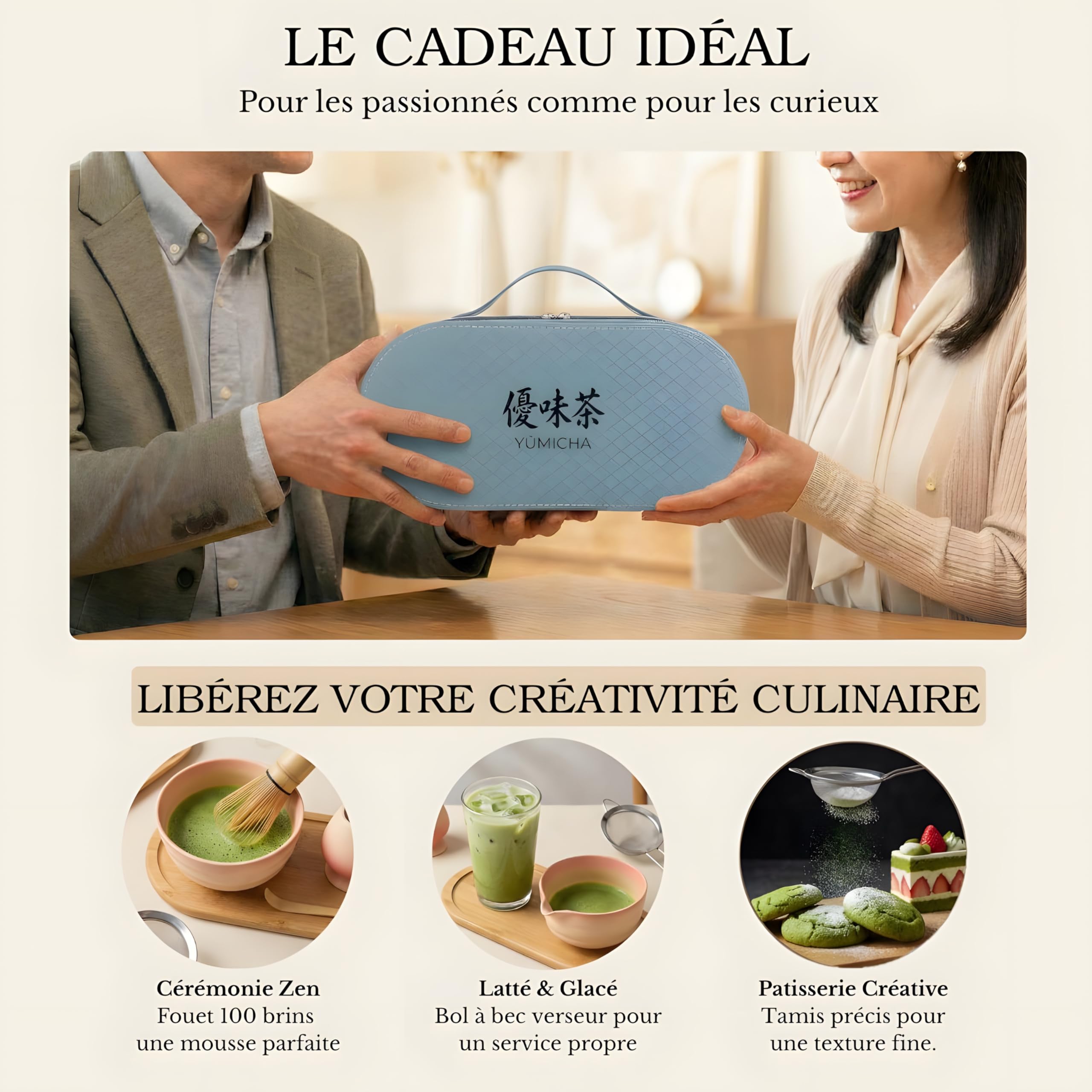 YŪMICHA KIT Matcha Japonais 7 Pièces - Coffret Cérémonie avec Mallette de Transport & Plateau en Bois - Thé Matcha – Fouet (Chasen) Bol en Céramique (Chawan), Set Matcha – Idée Cadeau Premium