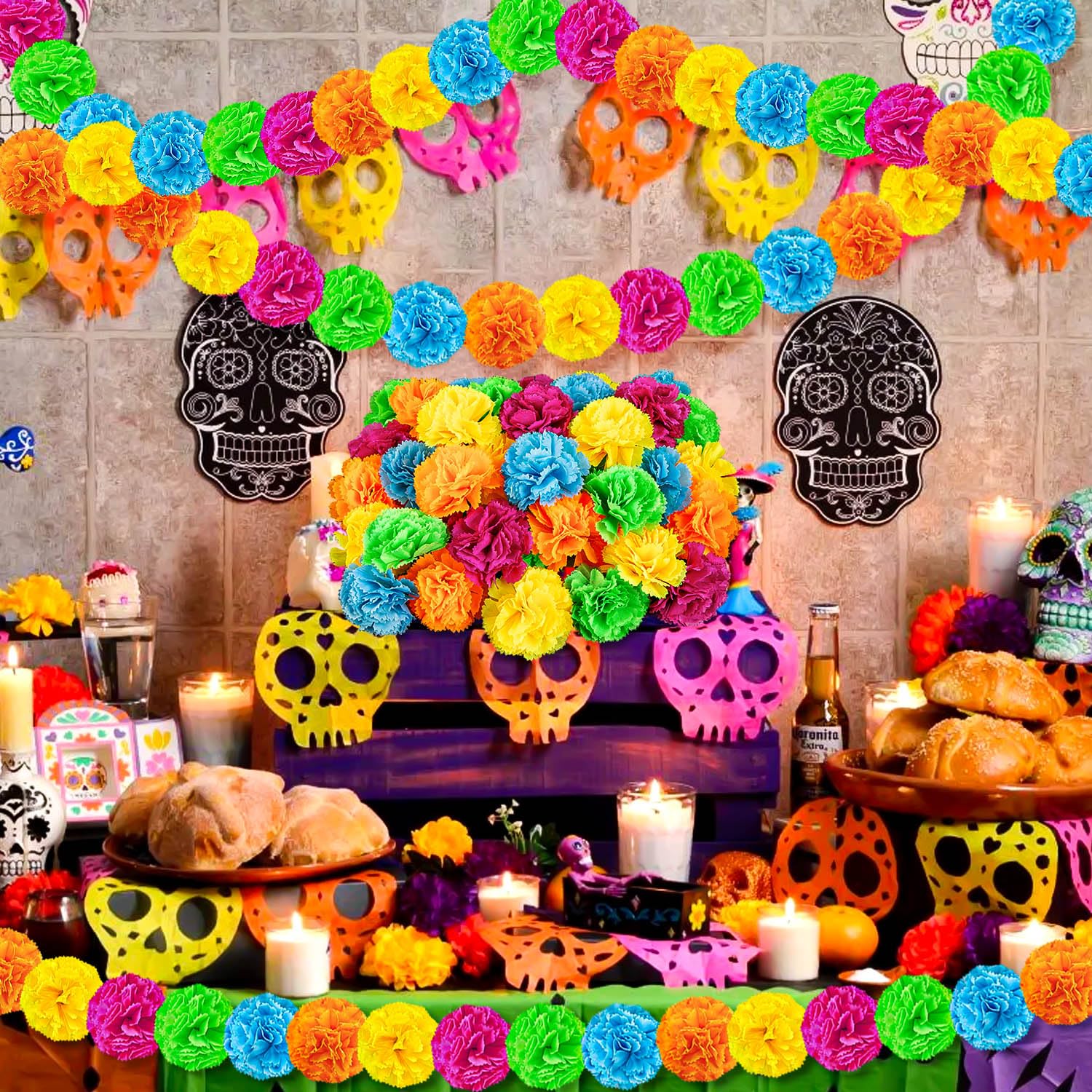 Artificial Marigold Flowers, 4 Pack 12 Inch Silk Marigold Flower Heads Bouquet For Day Of The Dead Decor Halloween Decoration Dia De Los Muertos Home Decoration, Orange & Yellow