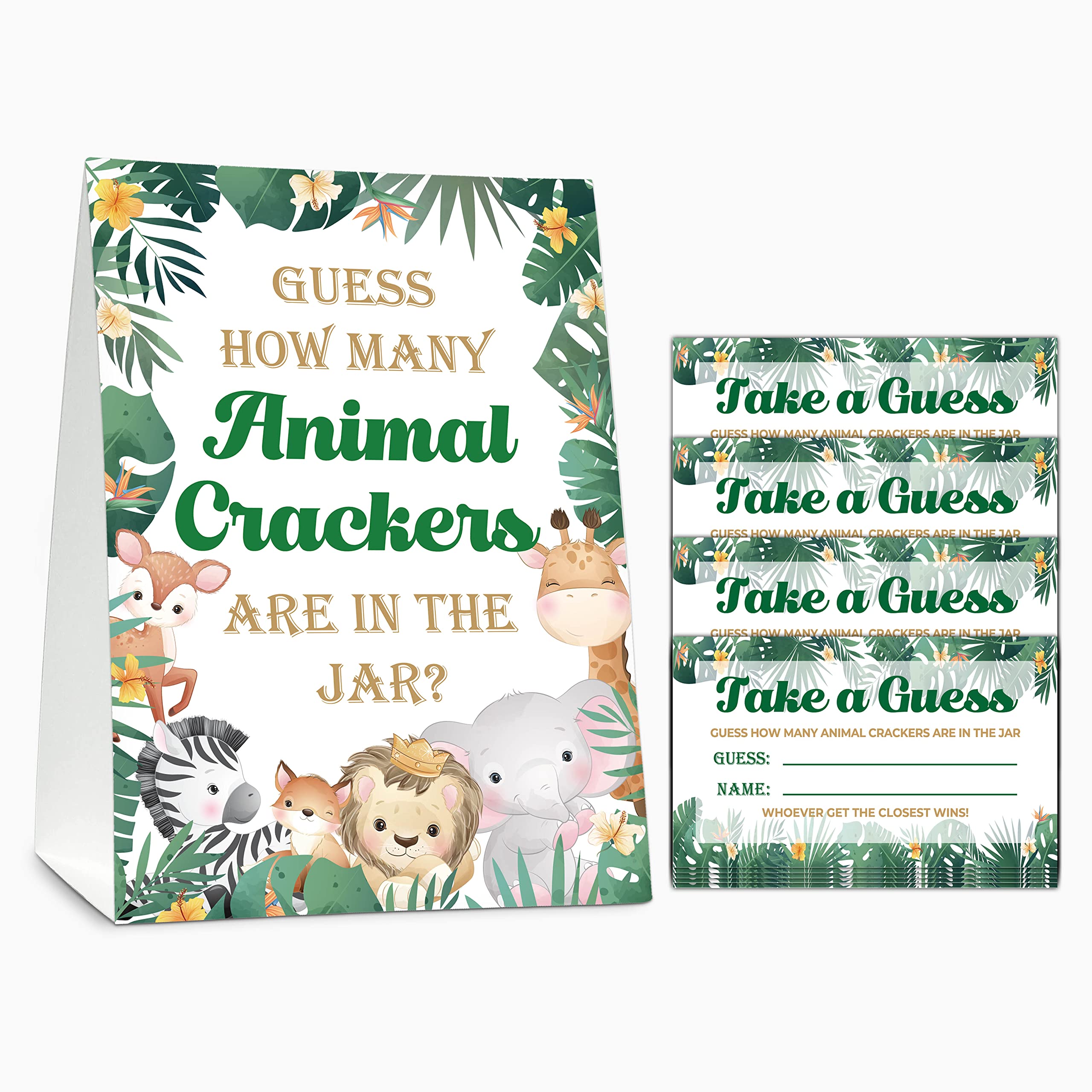 Baby Shower Game Set, Safari Find How Many Animal Crackers for Baby Shower, Jungle Gender Reveal Party Favor(1 Standing Sign + 50 Find Cards), Candy