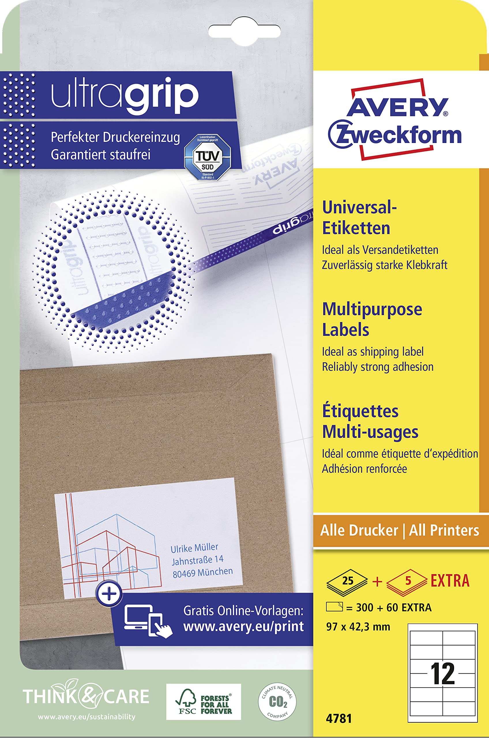 AVERY Zweckform 4781 Adressaufkleber (300 plus 60 Klebeetiketten extra, 97x42,3mm auf A4, Papier matt, bedruckbare Absenderetiketten, selbstklebende Adressetiketten mit ultragrip) 30 Blatt, weiß