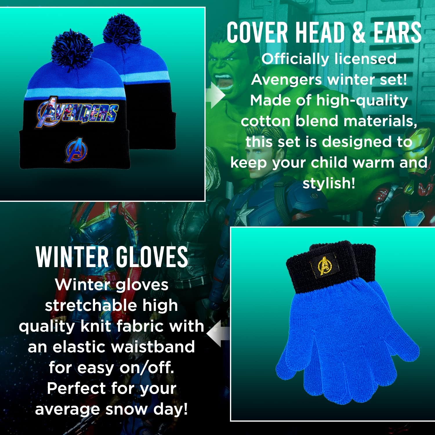 Marvel Avengers Kid’s Hat Scarf and Snow Gloves 3 Pc. Set, Soft Warm Pom-Pom Beanie Cute Outdoor Wear for Boys and Toddlers - Image 2