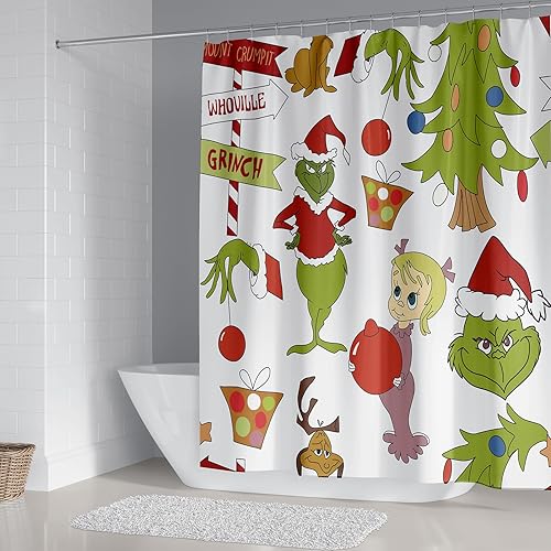 Miniatura 2 de Juego de 4 cortinas de ducha navideñas con alfombras antideslizantes, cubierta para tapa de inodoro y tapete de baño, decoración navideña para baño,