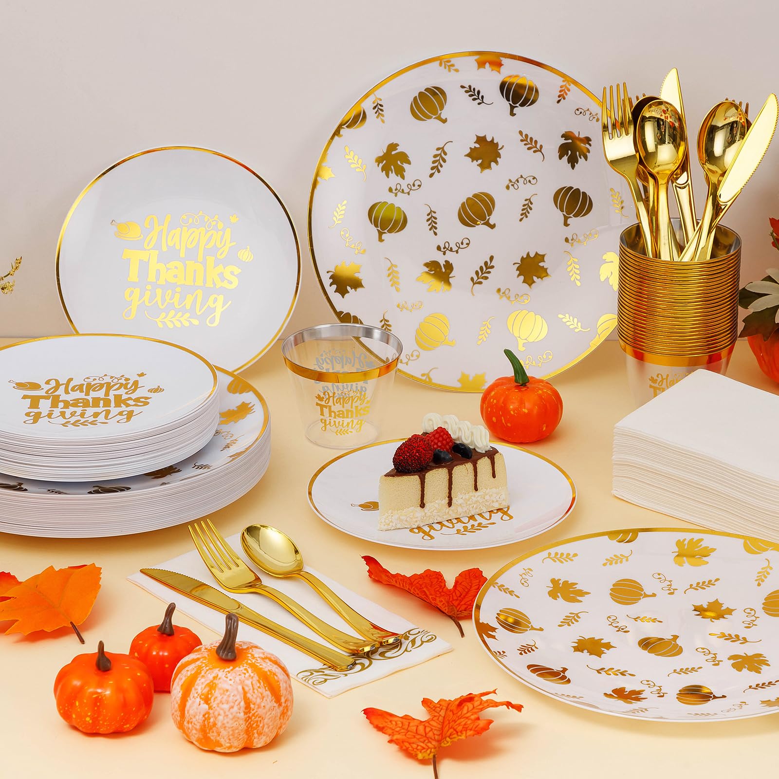 Goodluck 175PCS Thanksgiving Disposable Gold Plate Sets, Fall Harvest Party Supplies Set for 25 Guests, Include 10.25'' Dinner Plates, 7.5'' Dessert Plates, 9 OZ Cups, Silverware and Napkins