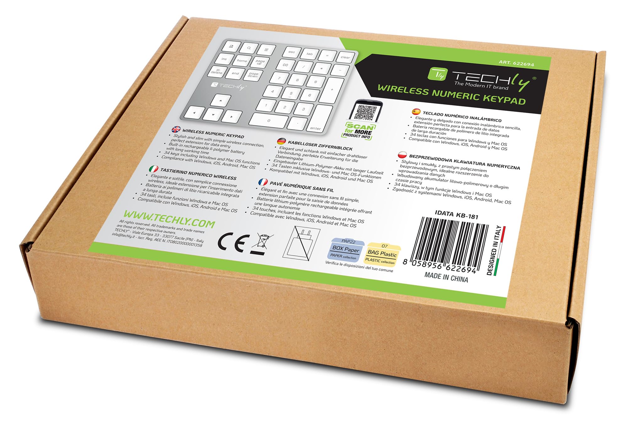 Techly 622694 - Teclado numérico BT V3.0 inalámbrico de 34 teclas, plateado, gris, plateado