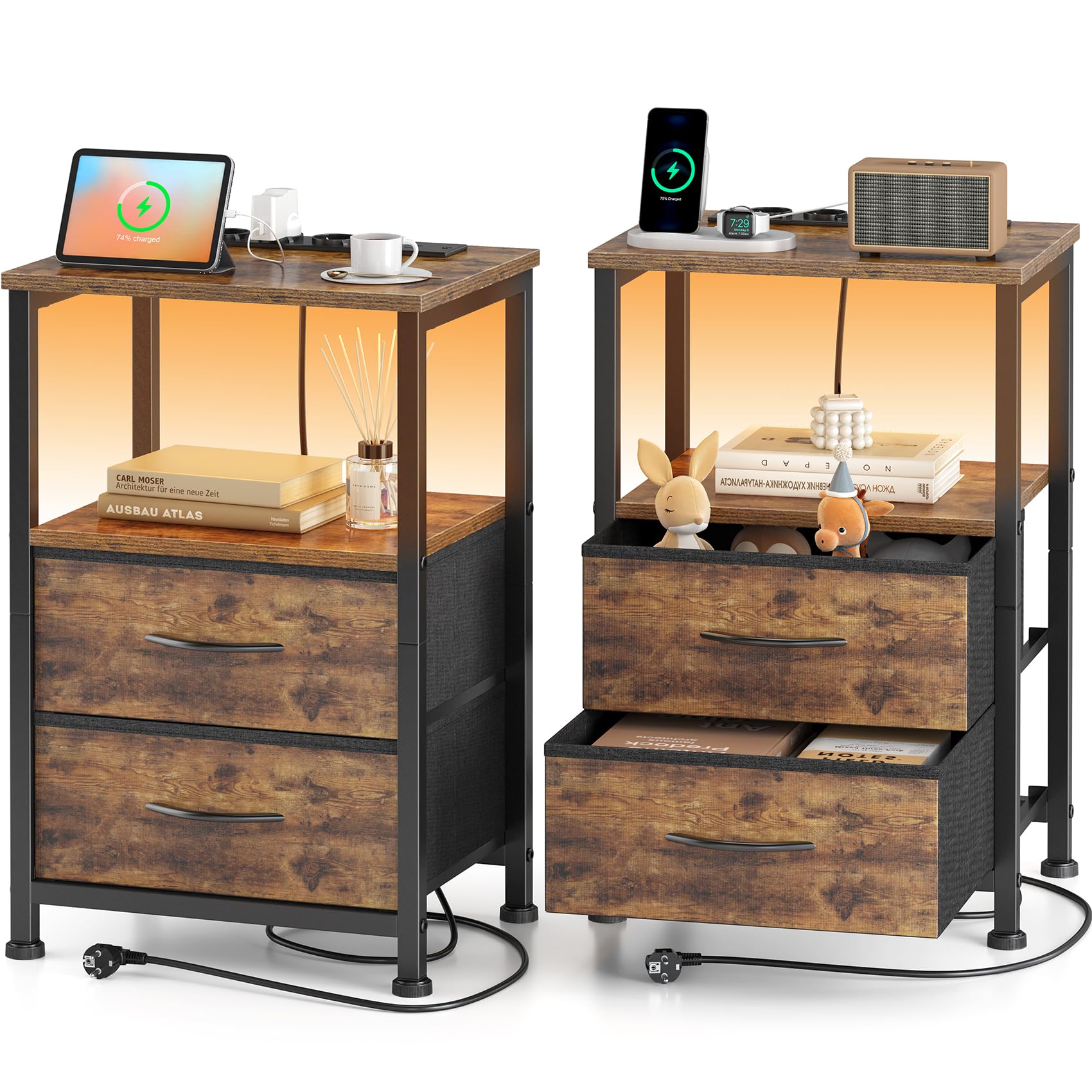 Yornoli Nachttisch mit LED & Ladefunktion, Beistelltisch mit Schublade, Nachttische mit 3 AC-Anschlüsse & 2 USB-Anschlüssen, Beistelltische fürs Wohnzimmer, Schlafzimmer, Vintage Braun