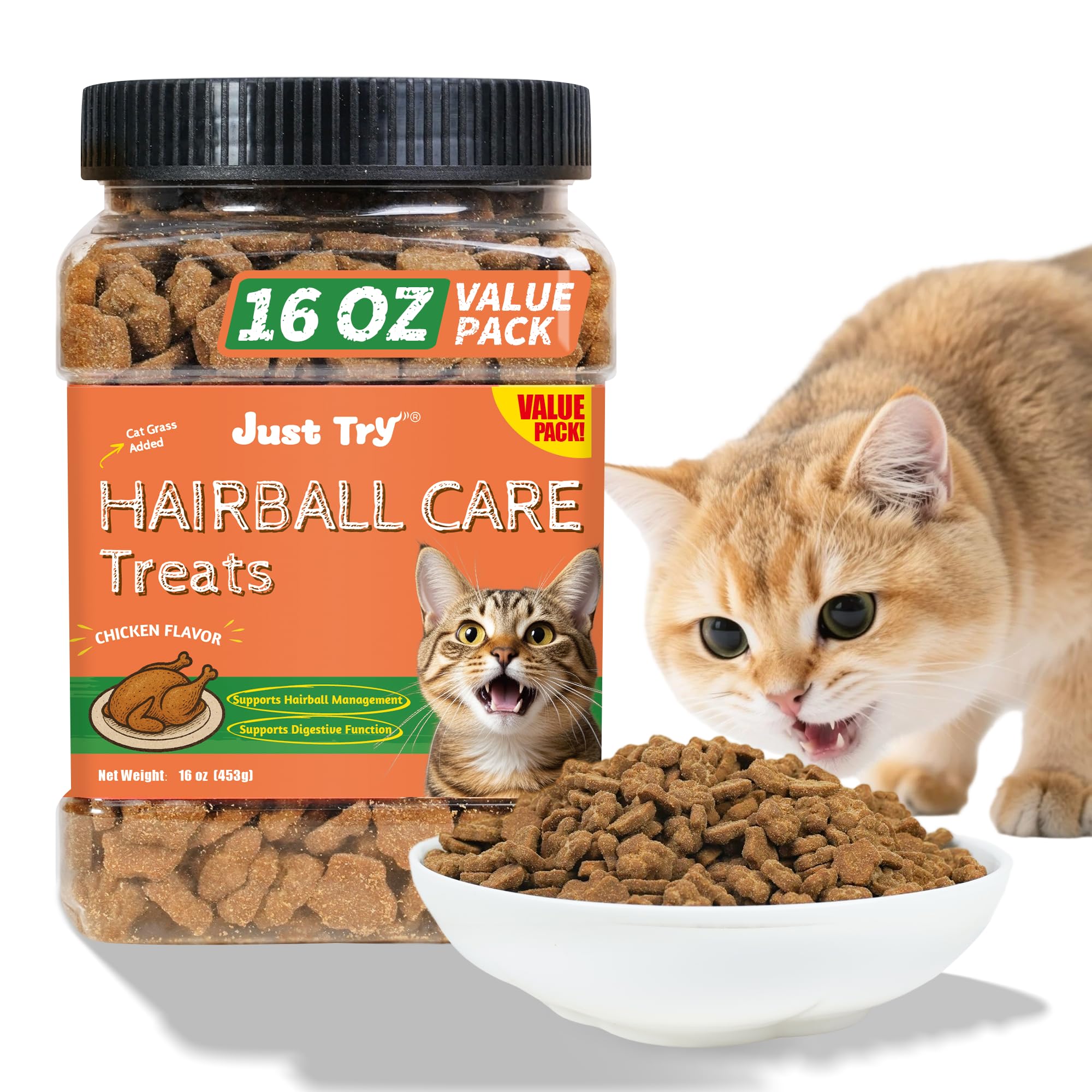 Just Try 16 OZ Hairball Support Cat Treats Hairball Removal Chicken Flavor Healthy Cat Snacks Training Biscuits