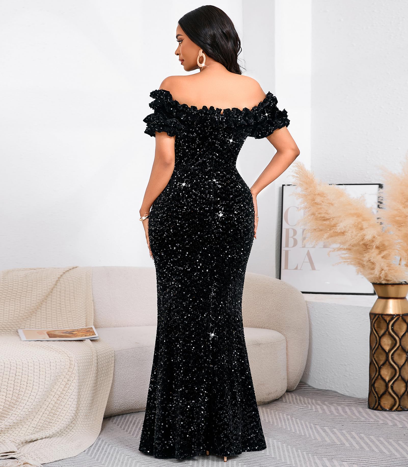 Women Sexy Sequin Off Shoulder Ruffle Short Sleeve Bodycon Mermaid Party Formal Evening Maxi Dress