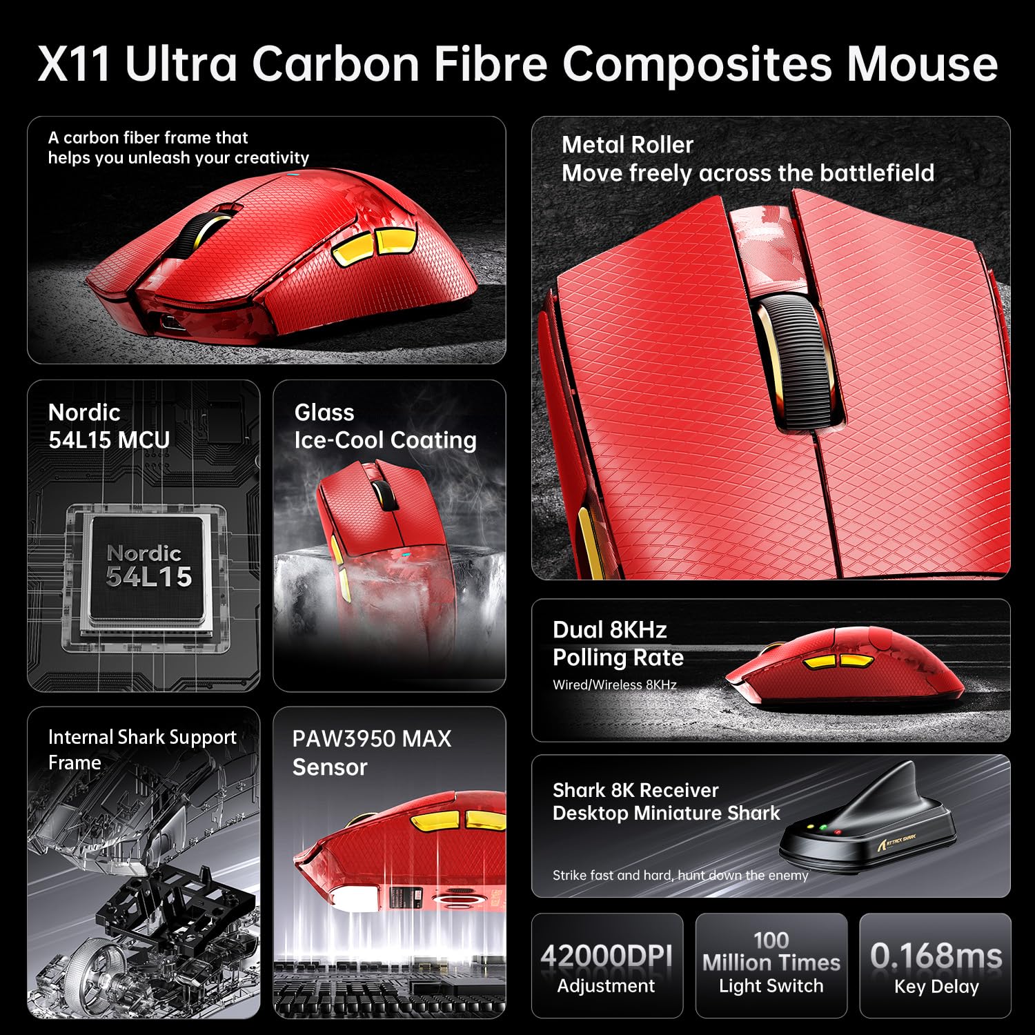 ATTACK SHARK X11 Ultra Wireless Gaming Mouse, Ultra-Light 63g, 42K DPI, 8K Polling, Nordic Chip, Carbon Fiber, for Esports & Pro Gamers