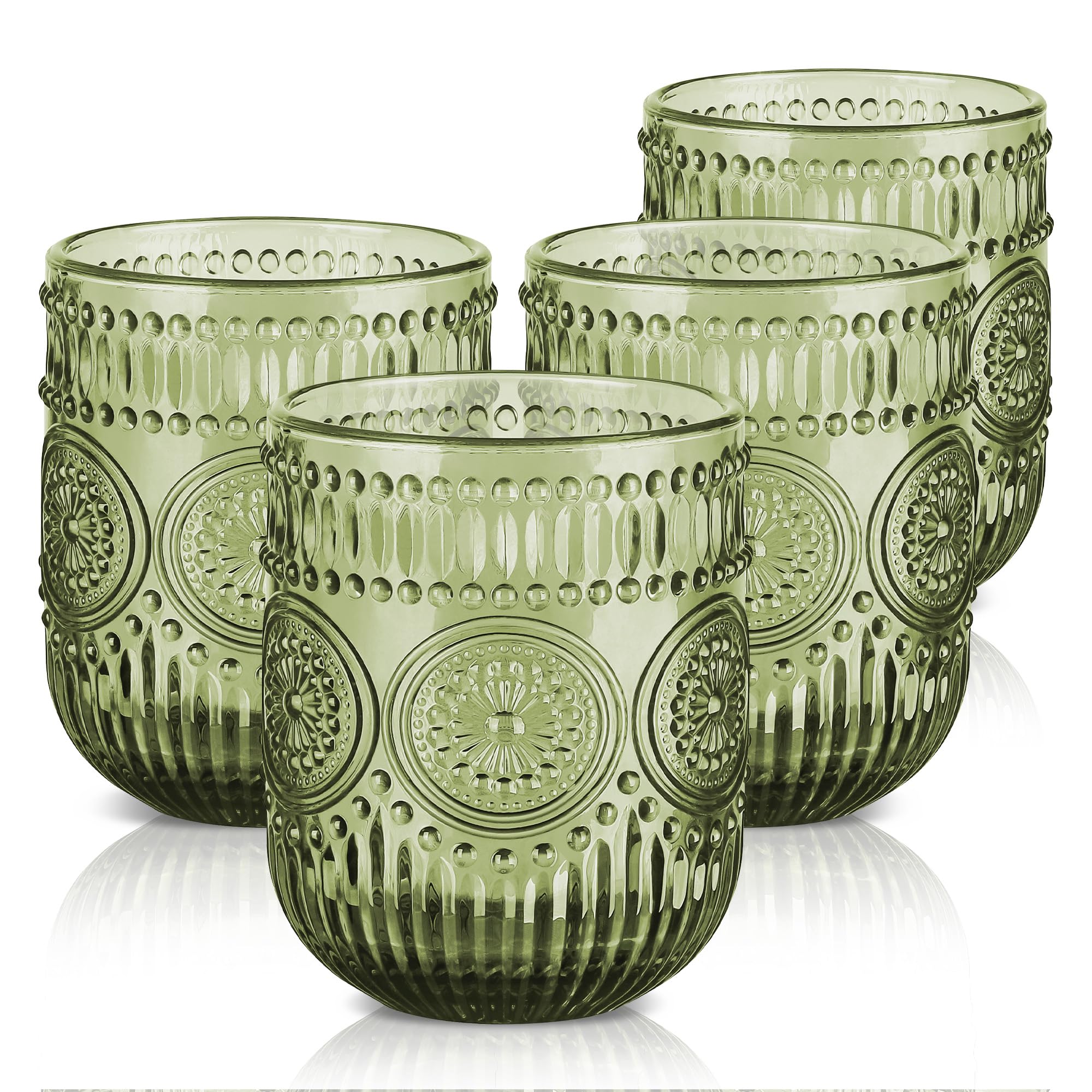 Joeyan Vintage Drinking Glasses,9 oz Green Small Water Glass Tumbler Cups | Embossed Sunflower Pattern,Colored Romantic Beaded Glassware for Beverages Cocktail Juice Wine,Set of 4,Dishwasher Safe
